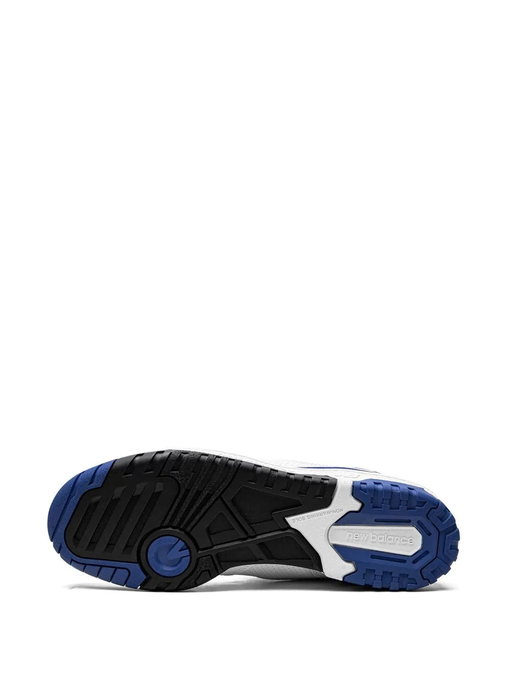 New Balance 550 low-top sneakers outsole view, black tread with blue traction sections