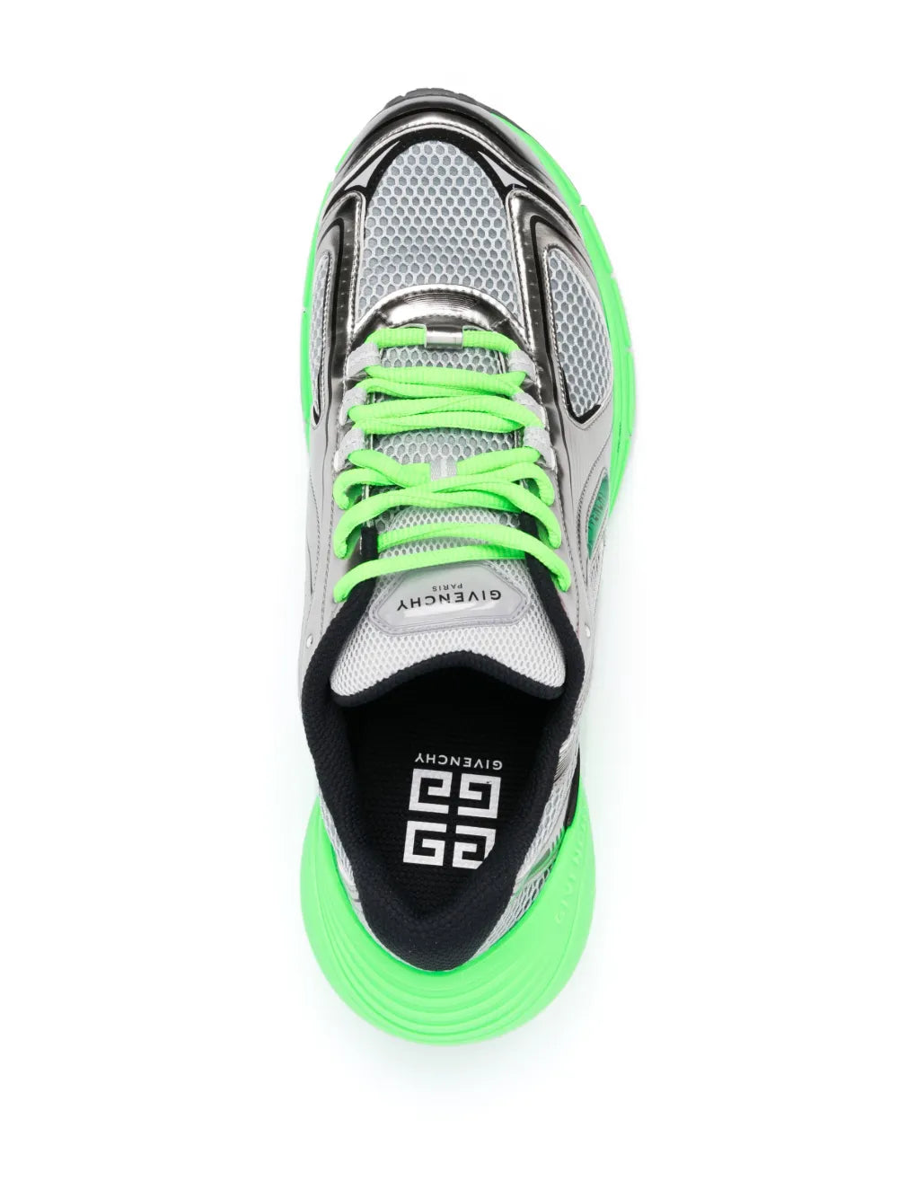 Low-top sneaker with neon green laces over silver mesh toe, black interior collar