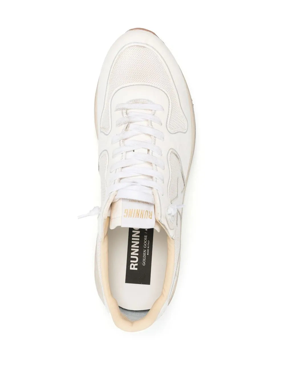 Golden Goose low-top sneaker top view, white lace-up with "RUNNING" insole label