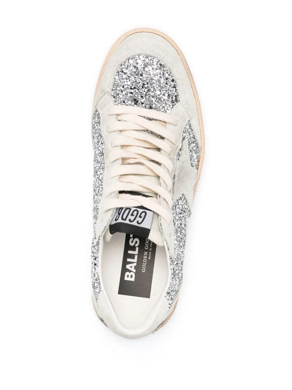 Silver glitter sneaker with 'BALL STAR' tongue label and lace-up front