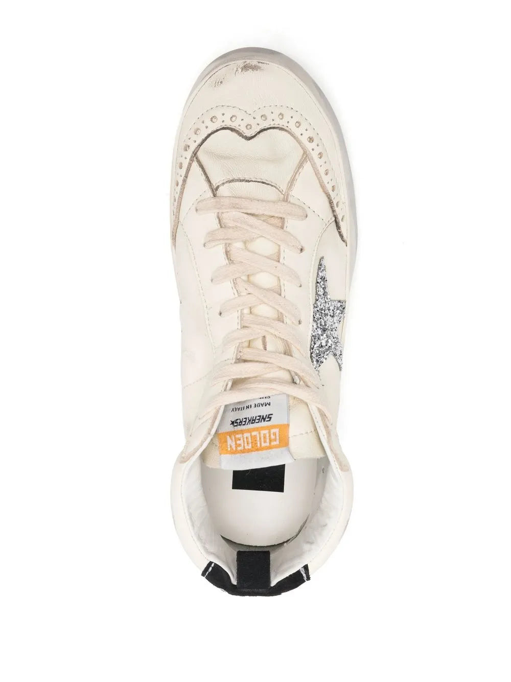 White mid-top sneakers, lace-up with interior label and perforated toe cap