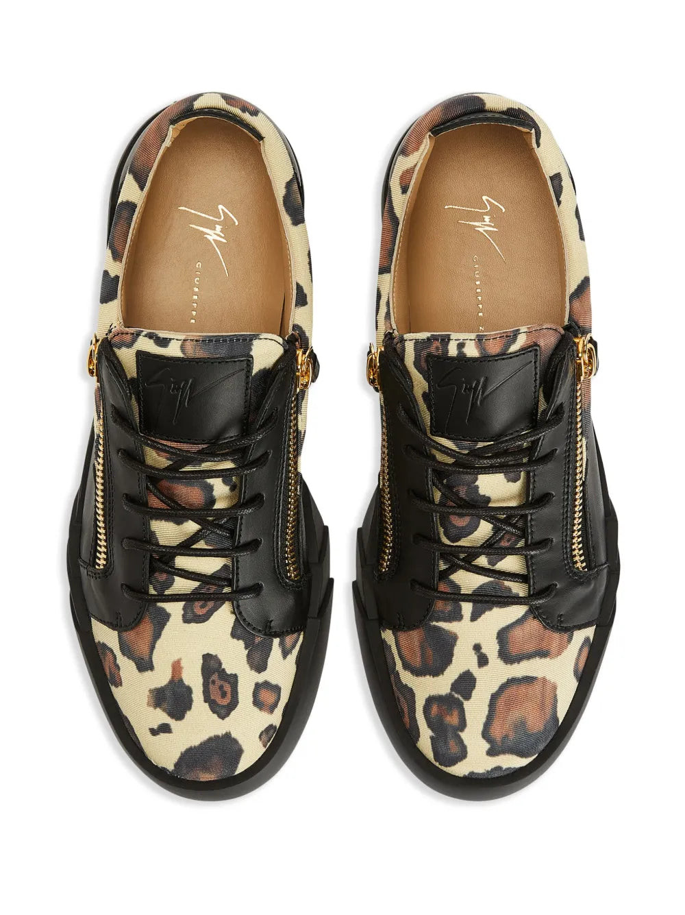 Low-top sneakers with black laces, gold zipper detail, leopard-print toe and side panels