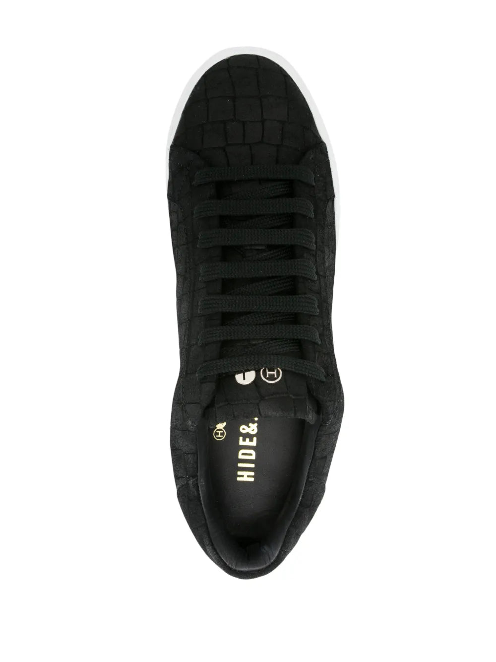 Black suede low-top sneakers with lace-up, embossed logo on tongue, white sole