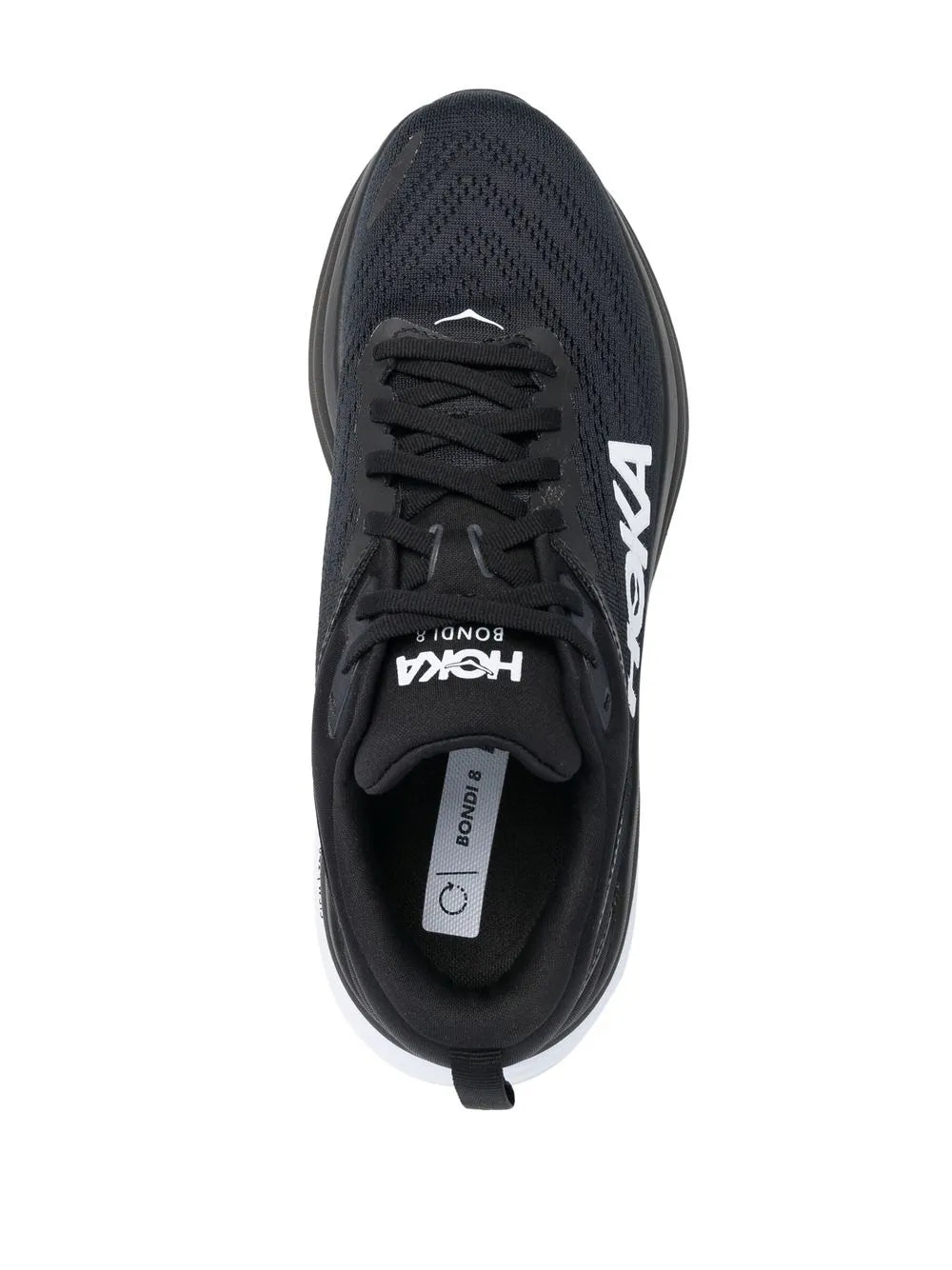 HOKA Bondi 8 black lace-up sneaker with tongue logo tag and cushioned interior