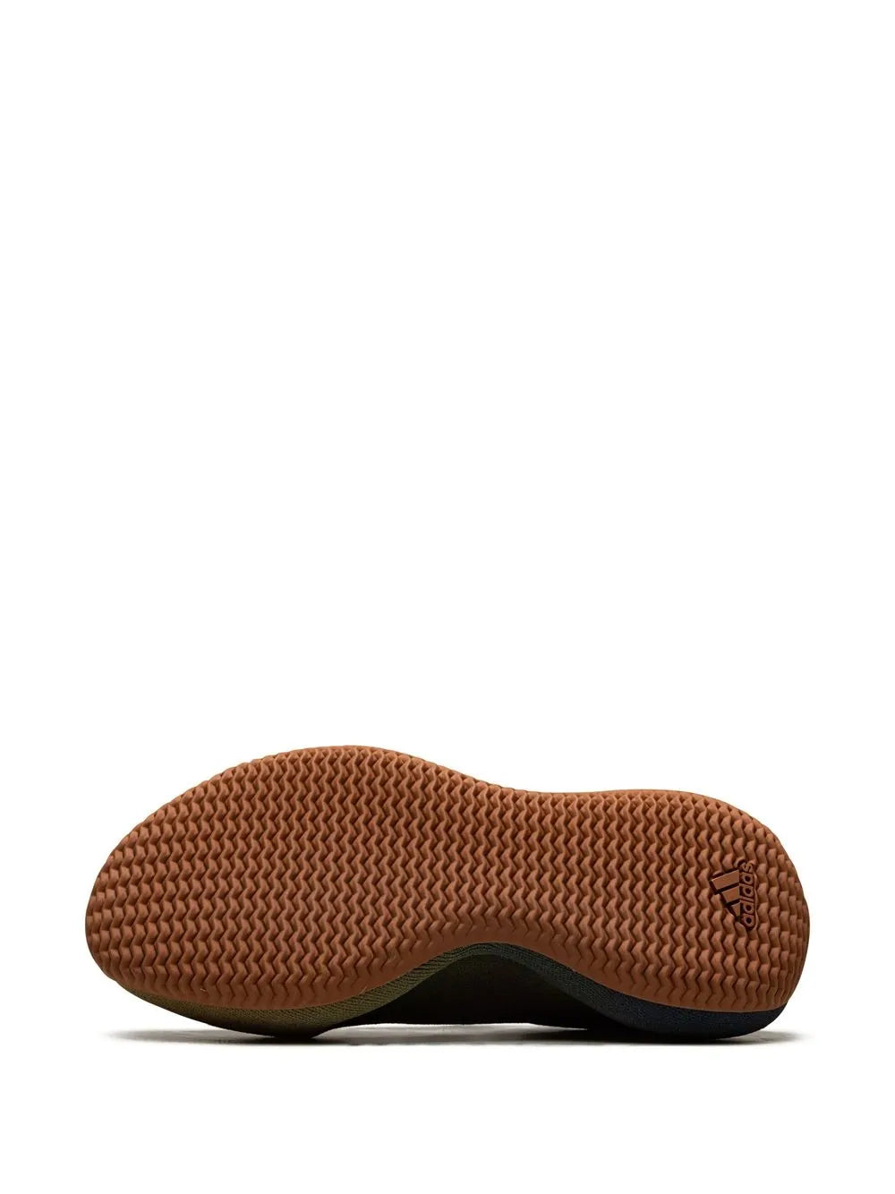 Knit running shoe outsole view, brown textured tread with slip-on heel opening