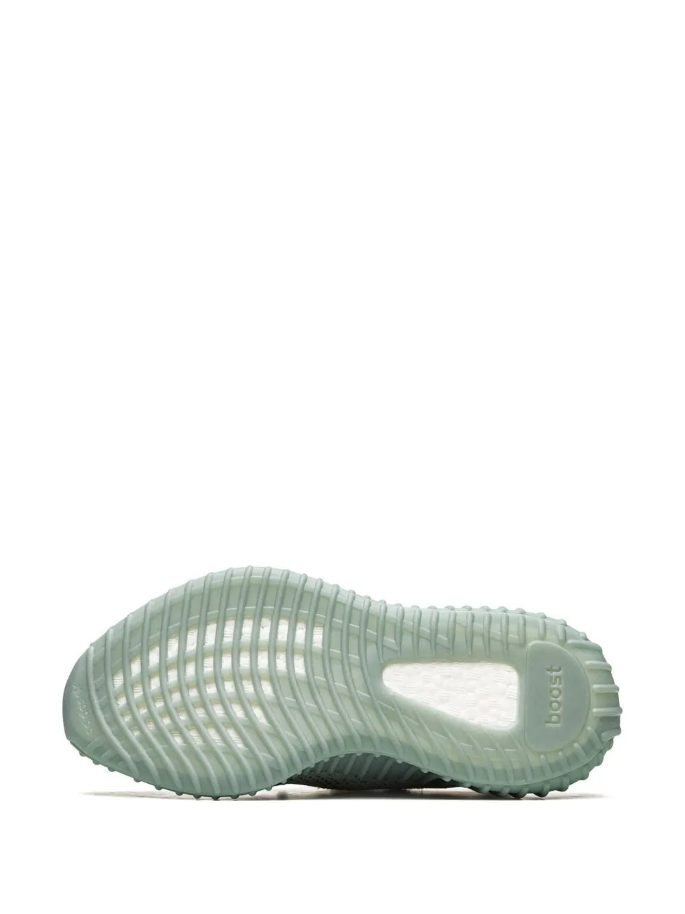 Green adidas Yeezy Boost 350 V2 sole view, ribbed outsole with Boost logo