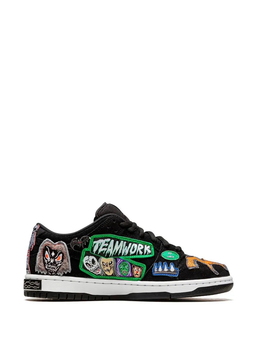 Black low-top skate sneaker with “TEAMWORK” patch and colorful character graphics