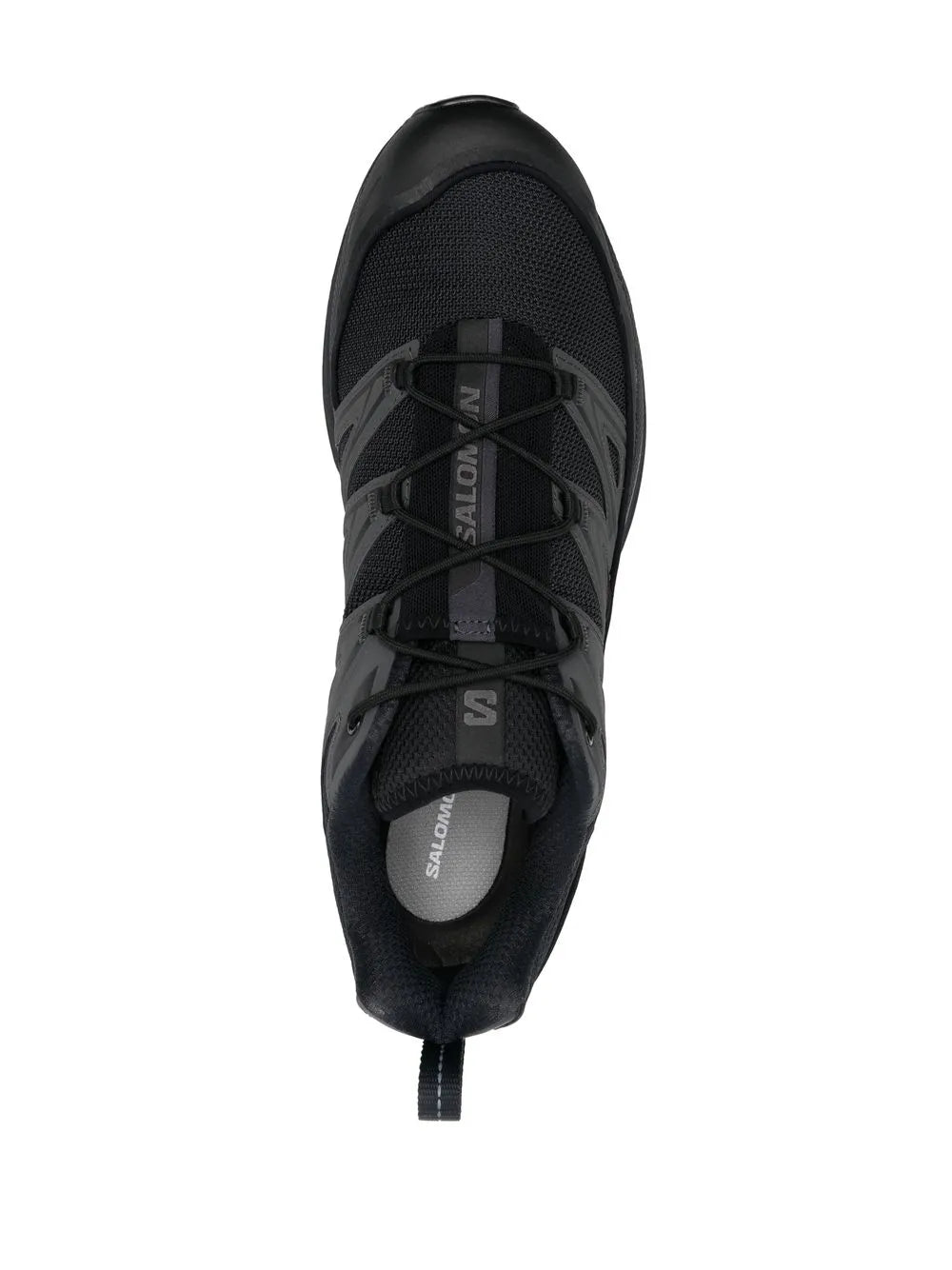 Black mesh lace-up sneaker with padded tongue and visible eyelet lacing