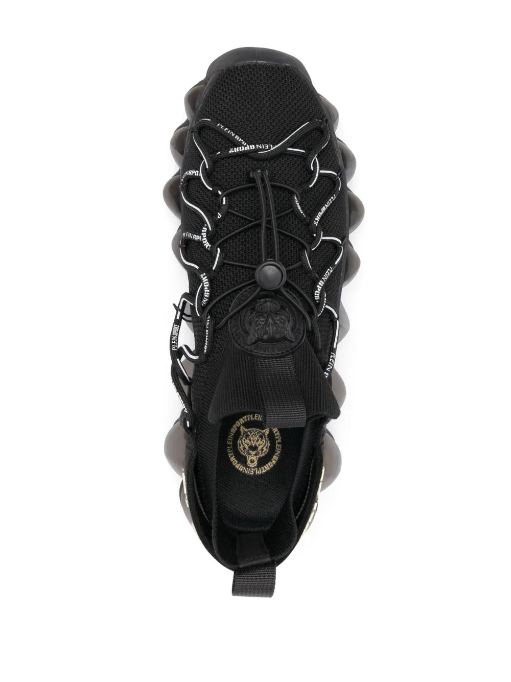 Black low-top lace-up sneaker with side logo patch and bubble sole