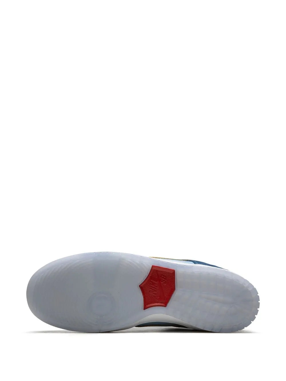 Blue low-top sneaker outsole view with red heel tag
