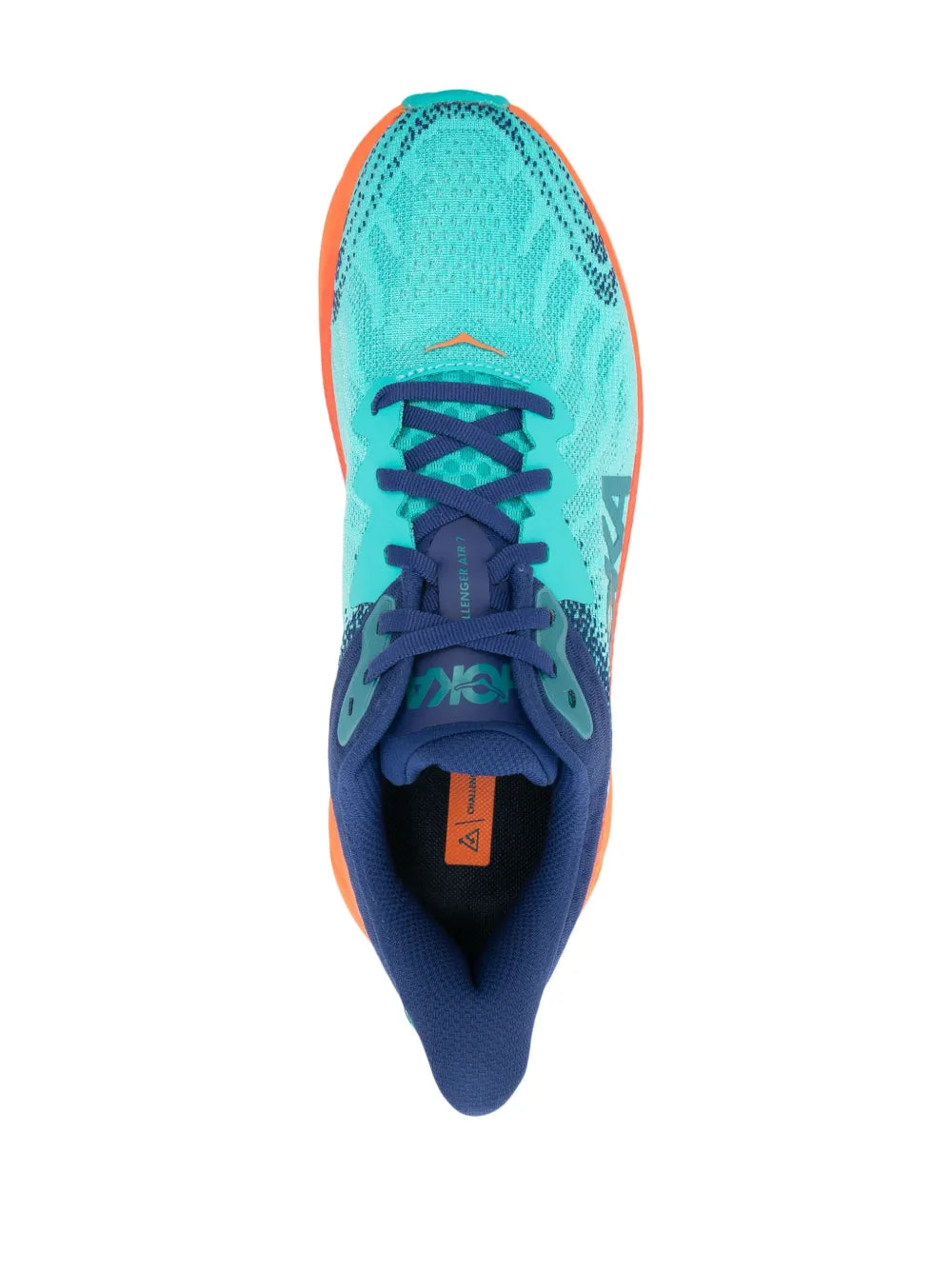 Turquoise knit low-top shoe with navy laces and tongue, orange midsole edge