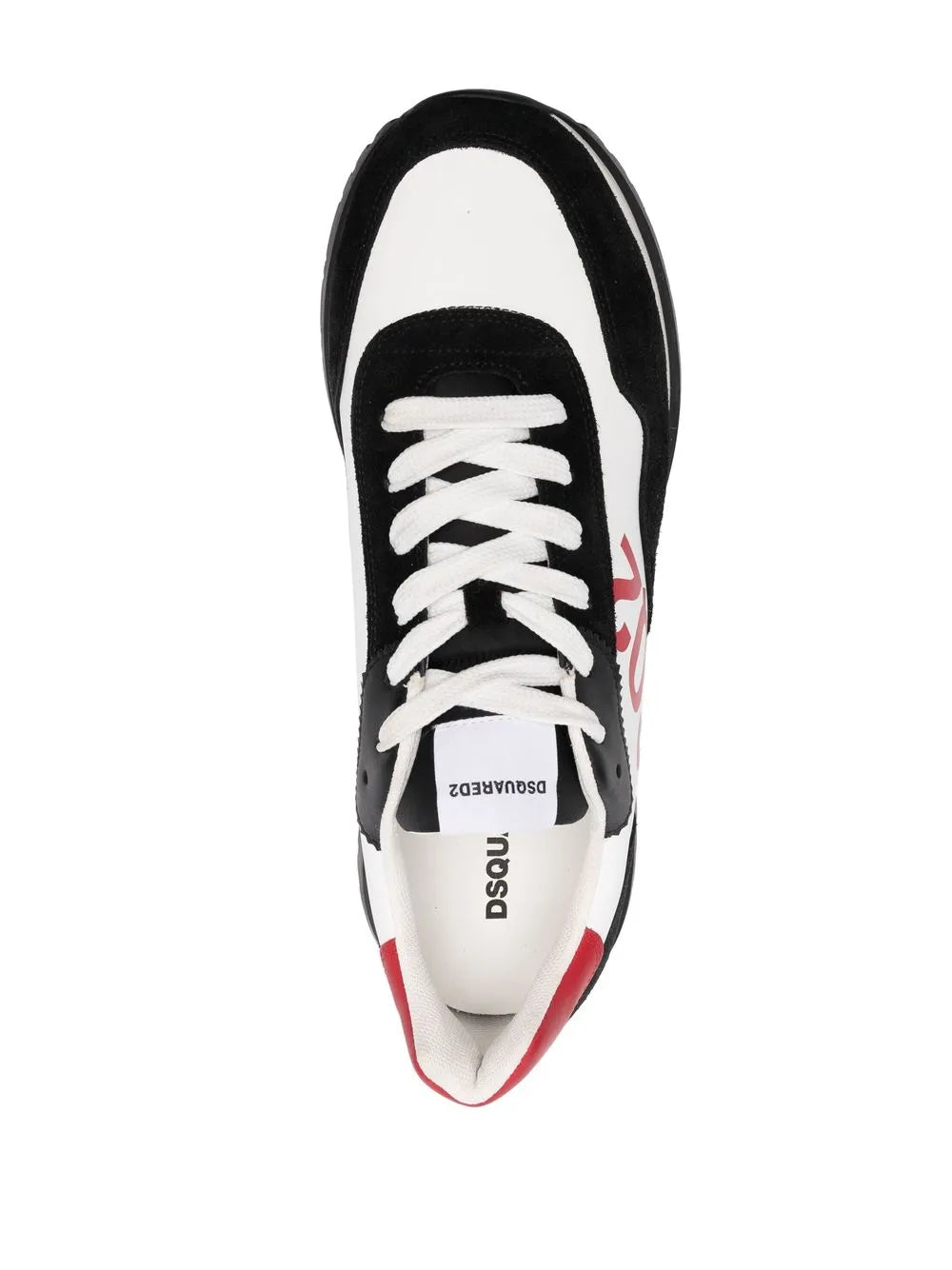 Black and white lace-up sneakers with Dsquared2 branding on tongue and red heel trim.