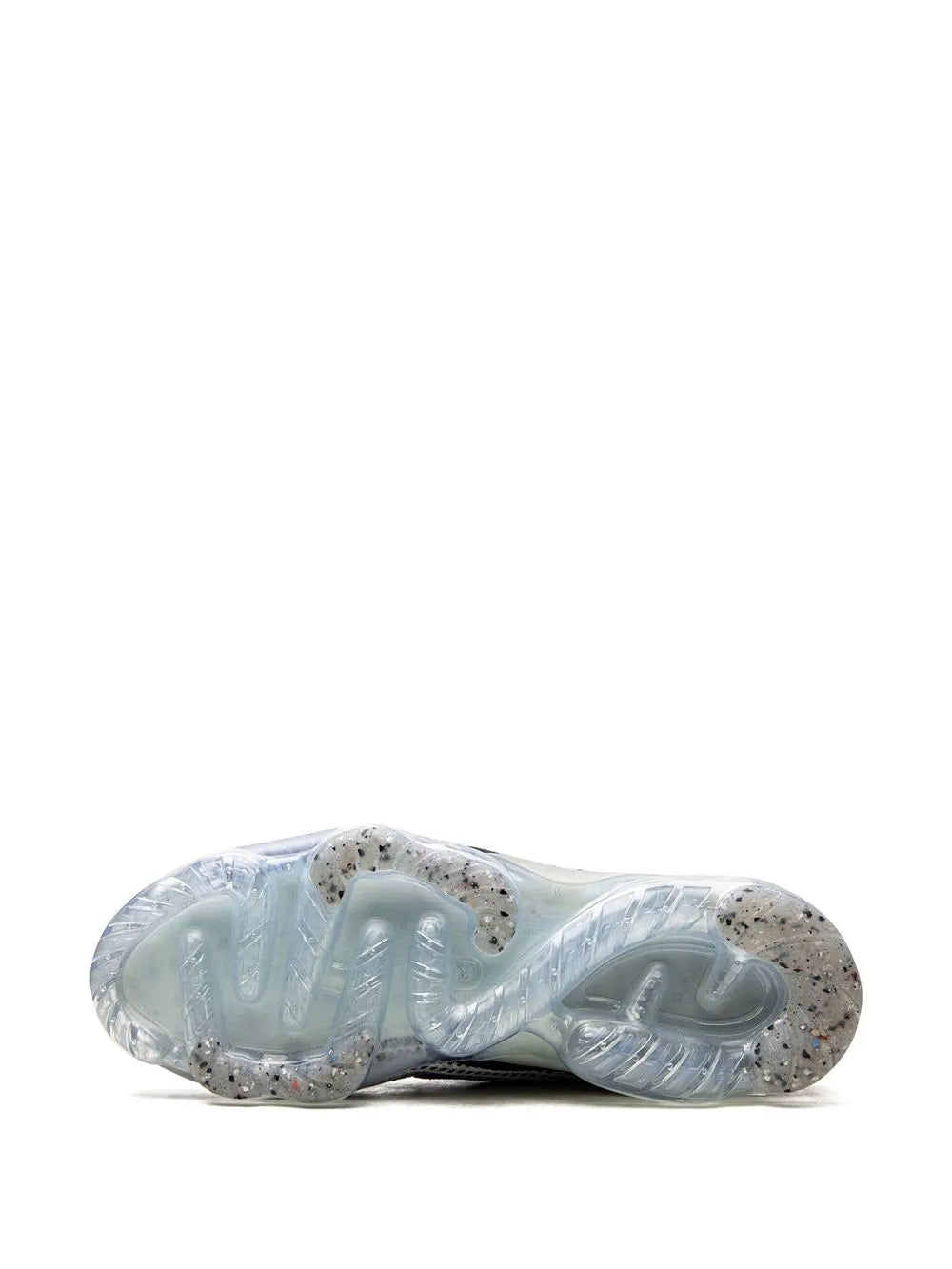 Shoe outsole view with translucent rubber pods and grey tread, Flyknit upper