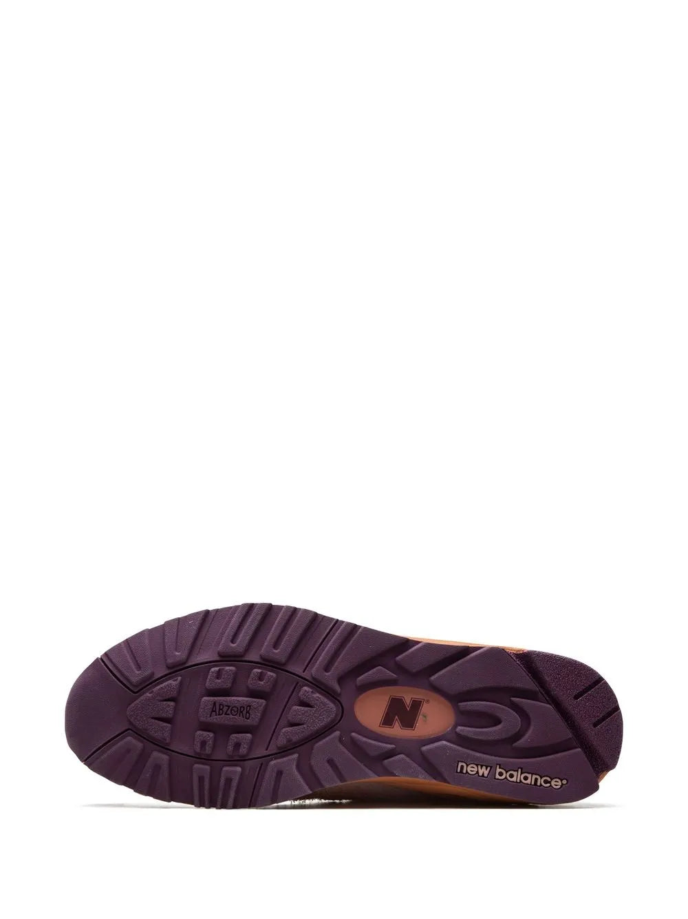 New Balance 990V2 outsole with purple tread and brown heel label