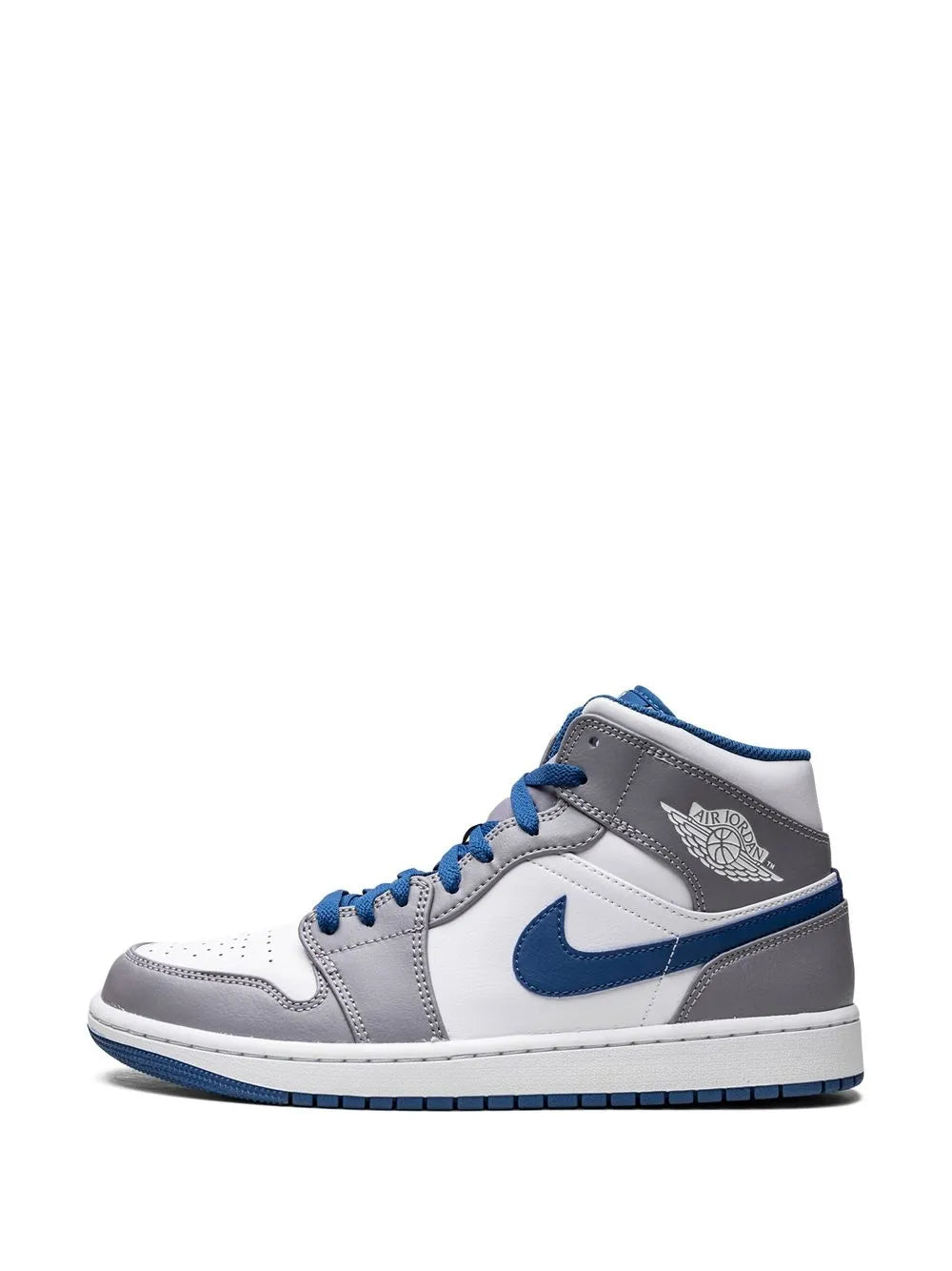 Side view of mid-cut sneakers in white, gray, and blue with Nike swoosh