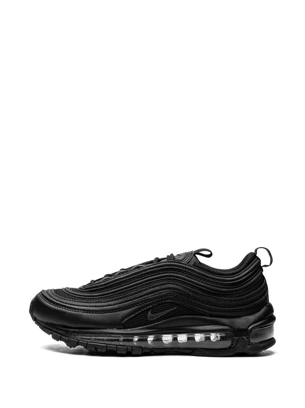 Black Nike Air Max 97 lace-up sneaker with wavy overlays and clear air pods on sole