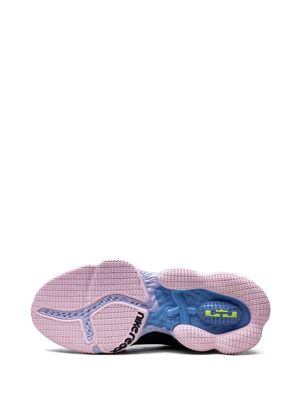 Basketball shoe outsole, pink tread with blue detailing and branded heel text