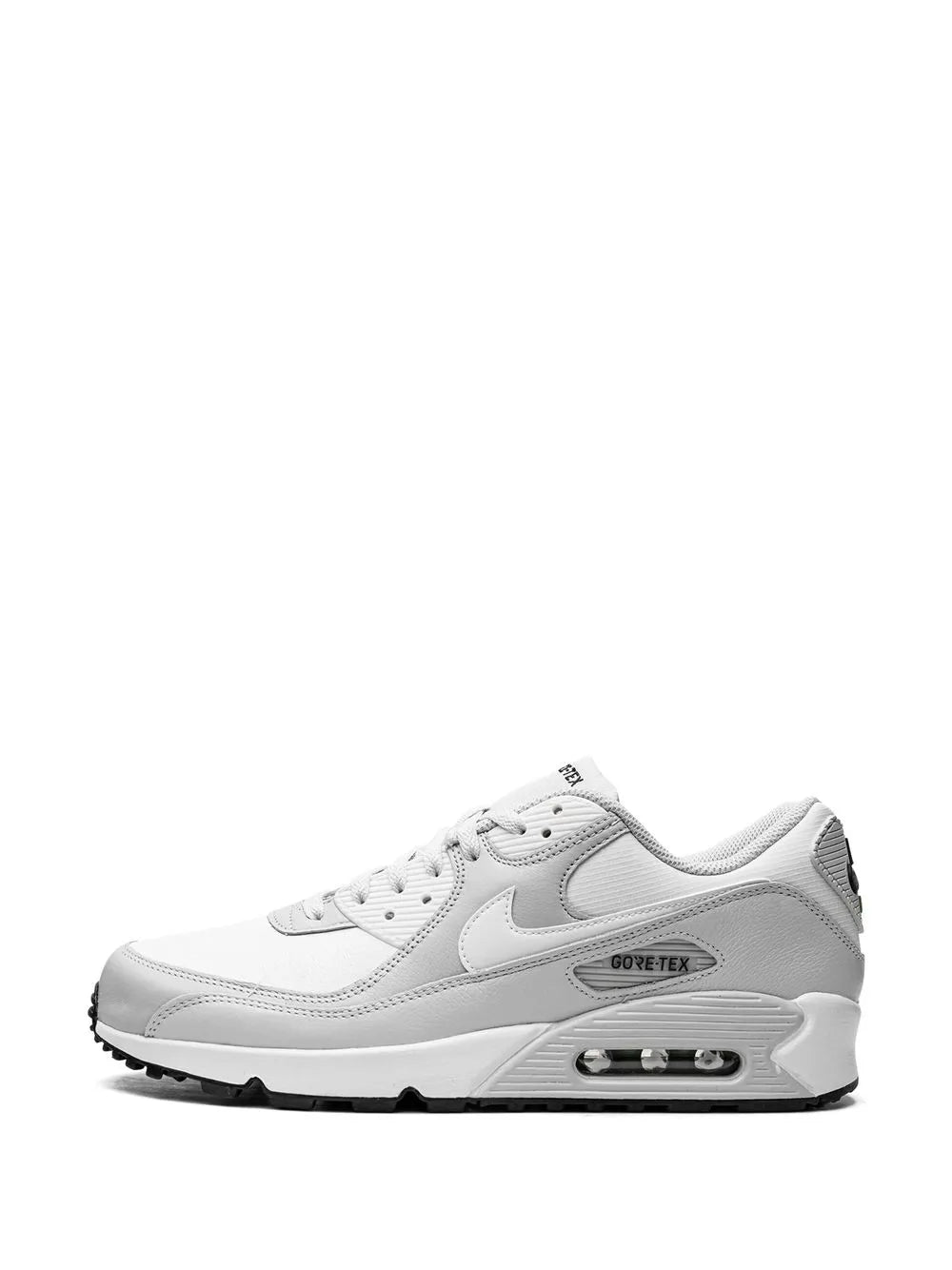 Air Max 90 GORE-TEX sneaker, white upper with side air window and black sole trim.