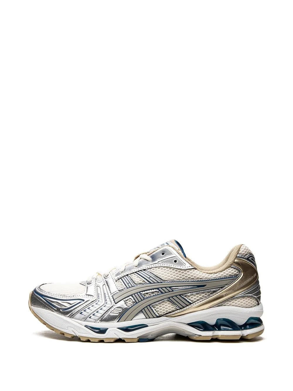 ASICS Gel-Kayano 14 running shoes, side view in off-white with metallic blue detailing