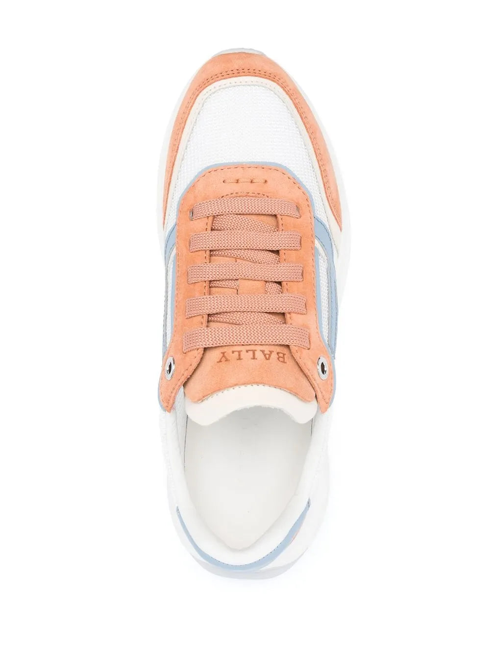 Bally color-block lace-up sneaker front with peach uppers, white lining, light blue trim