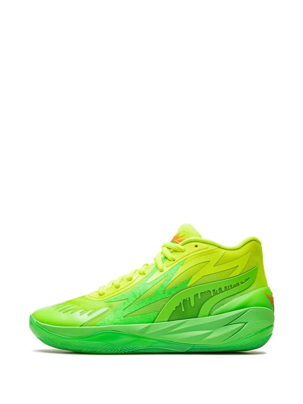 Neon green basketball shoe, three-quarter view with sculpted side design