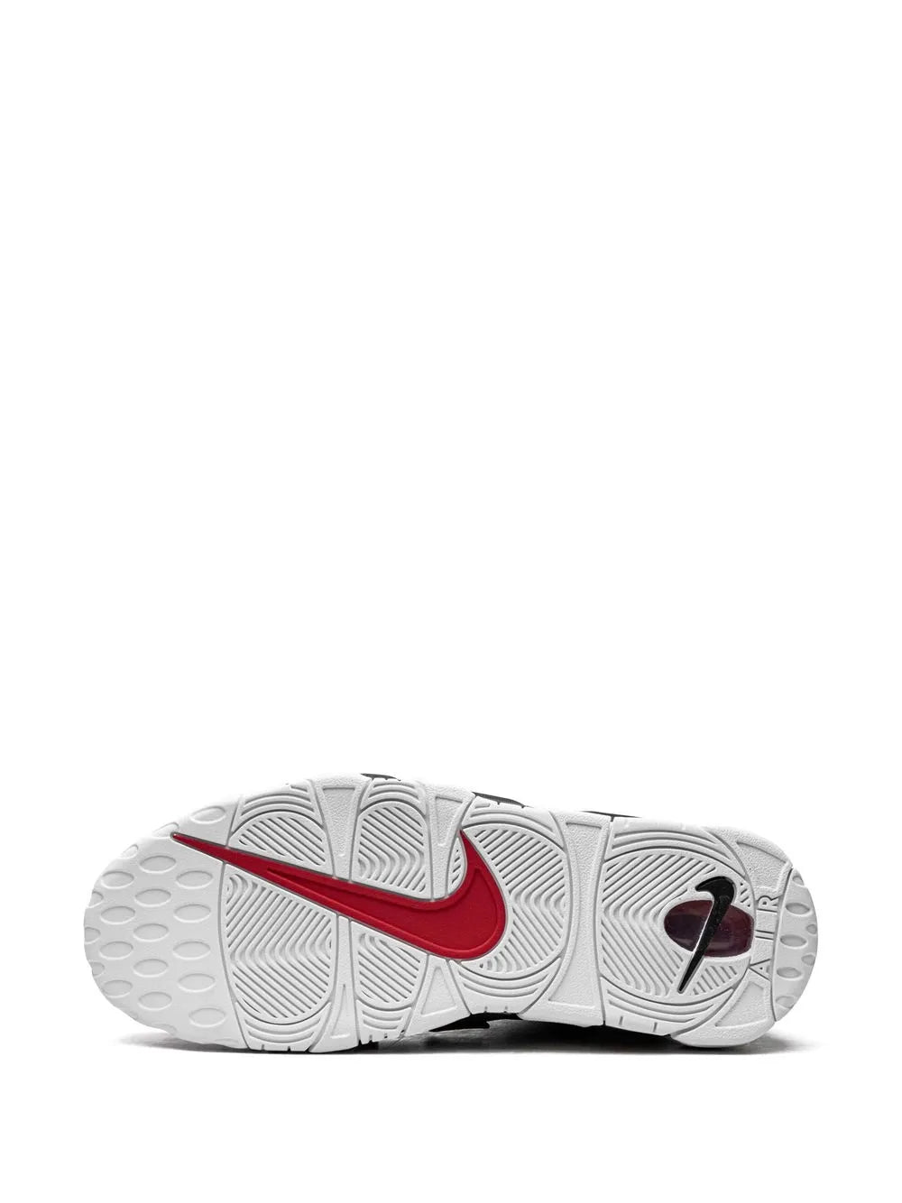 Nike Air More Uptempo '96 outsole view sneaker with white traction and red heel stripe