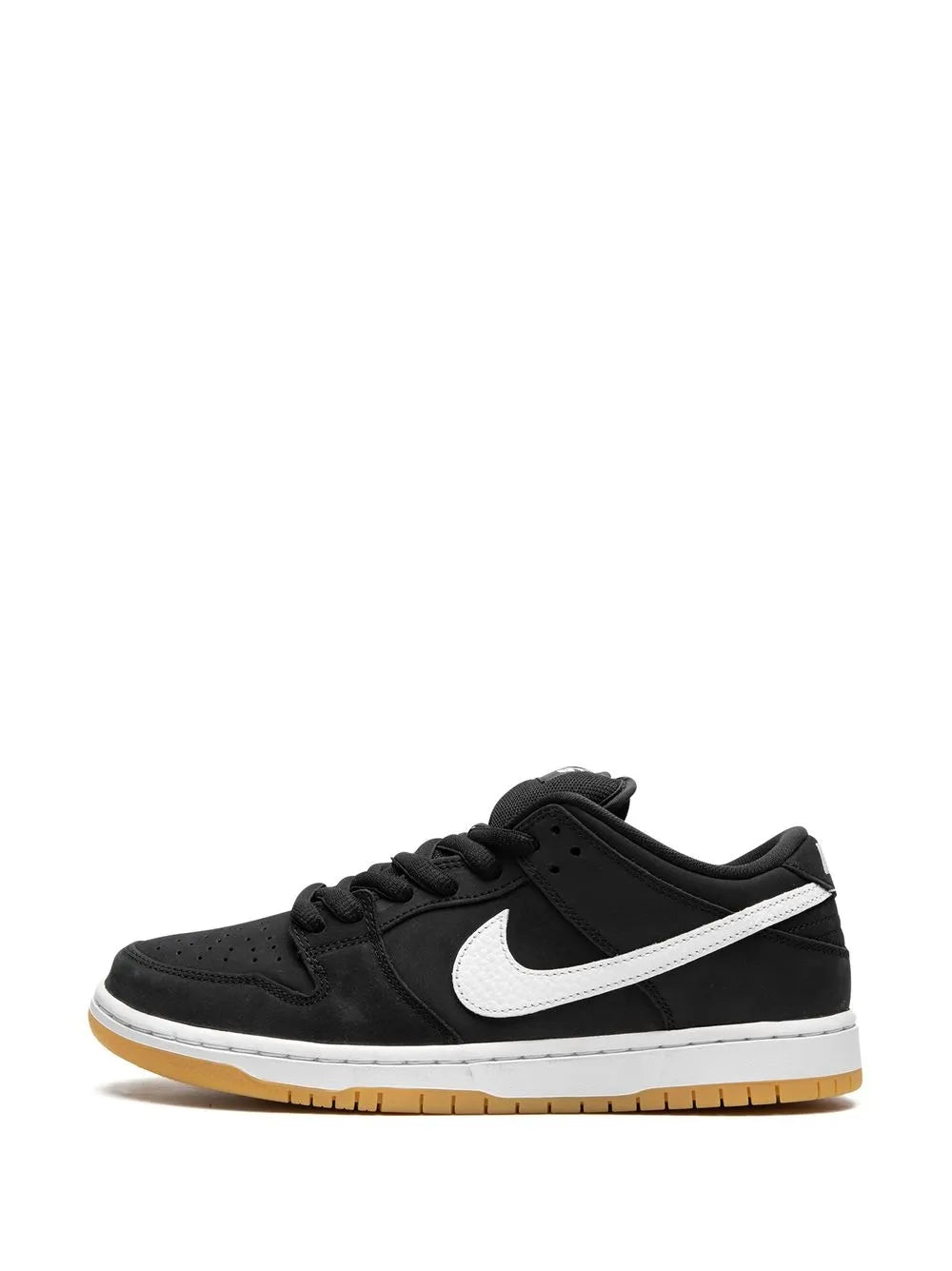 Black low-top skate shoes with white Nike swoosh and lace-up design