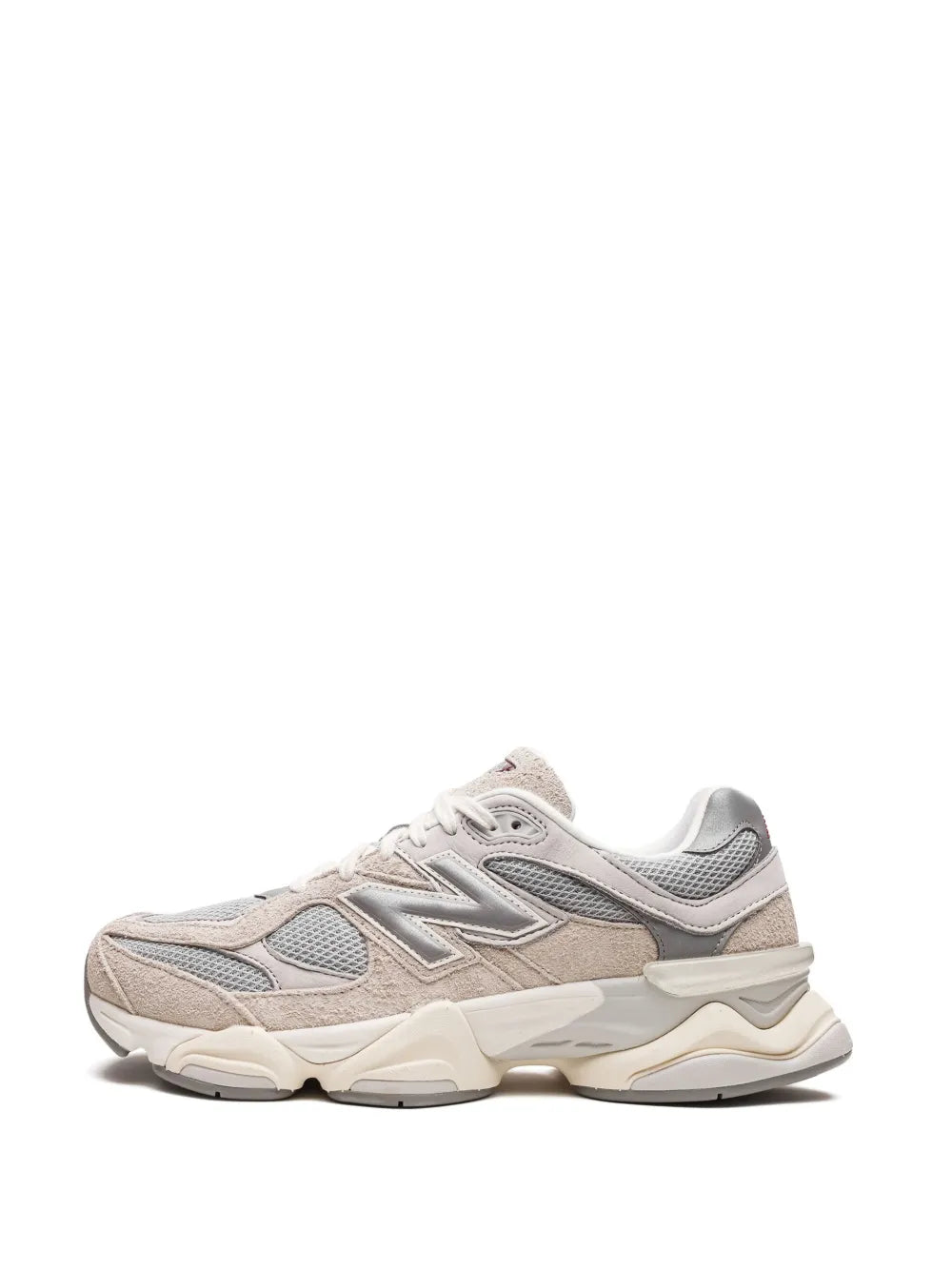 Beige and gray lace-up sneaker side profile with N logo and sculpted midsole