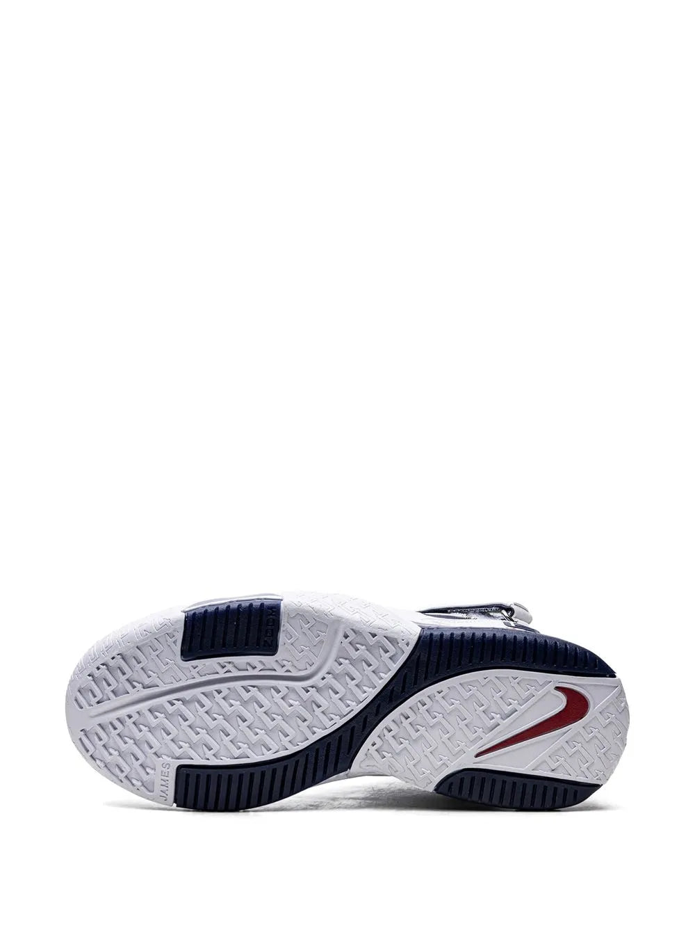 Nike LeBron Zoom 2 outsole view, white rubber tread with navy accents