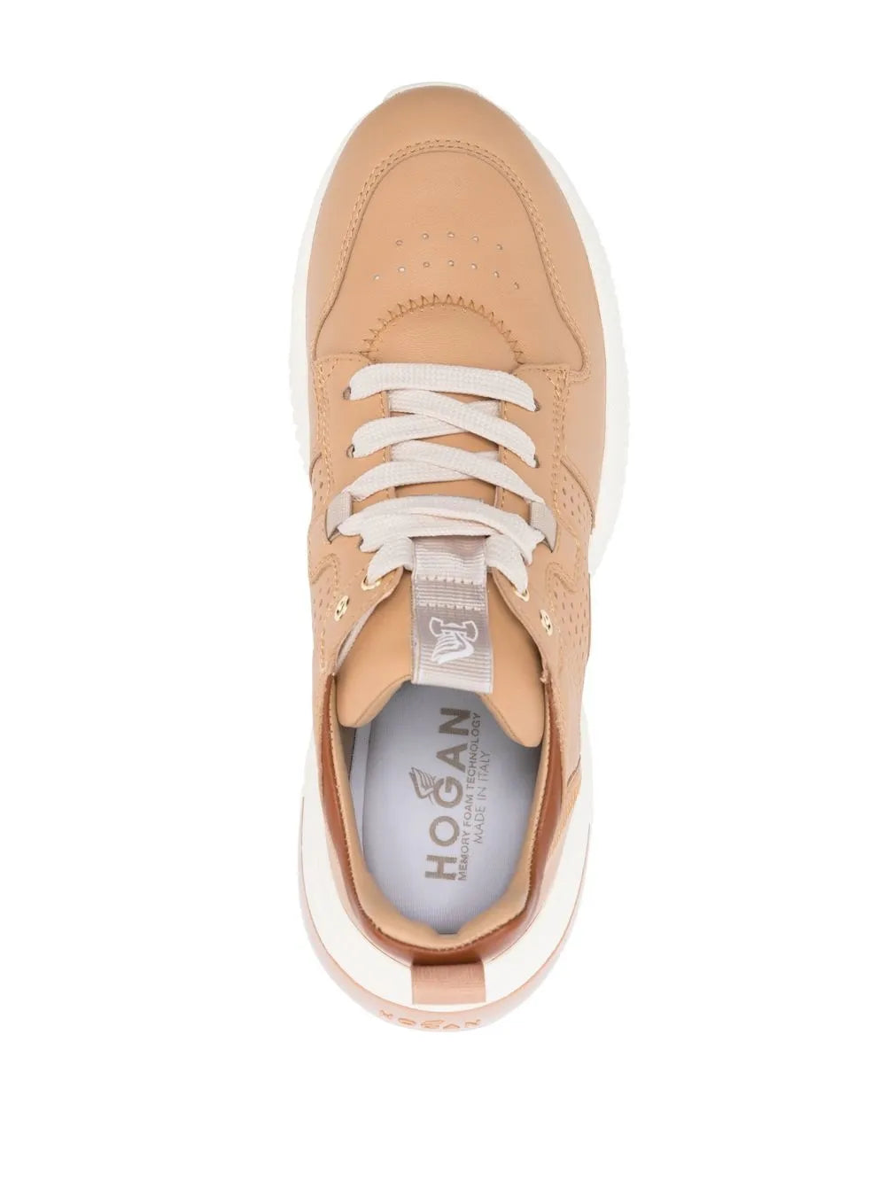Tan low-top sneaker with white laces and HOGAN logo on inner tongue