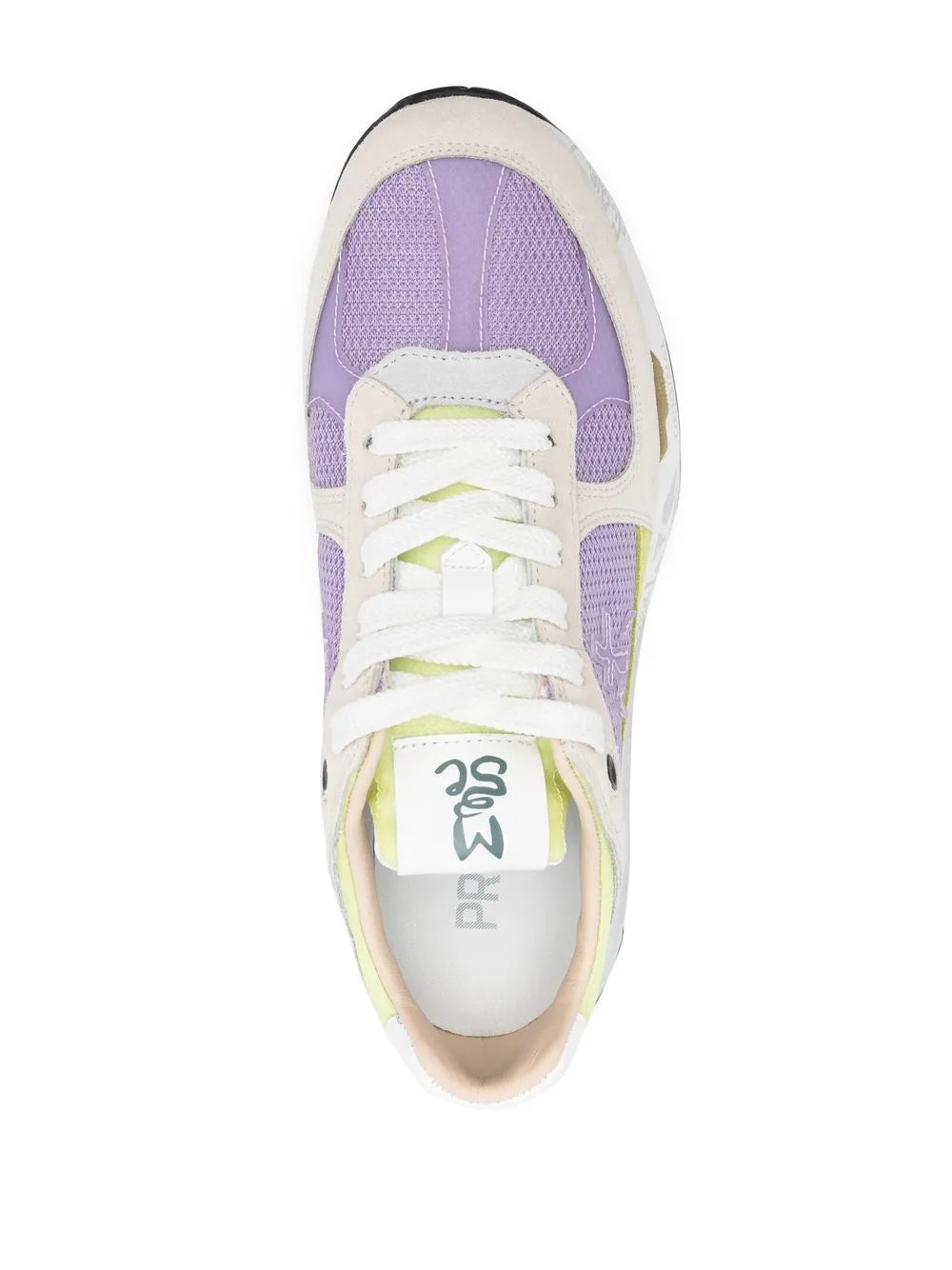 Beige lace-up sneaker with purple mesh vamp and green logo patch at tongue