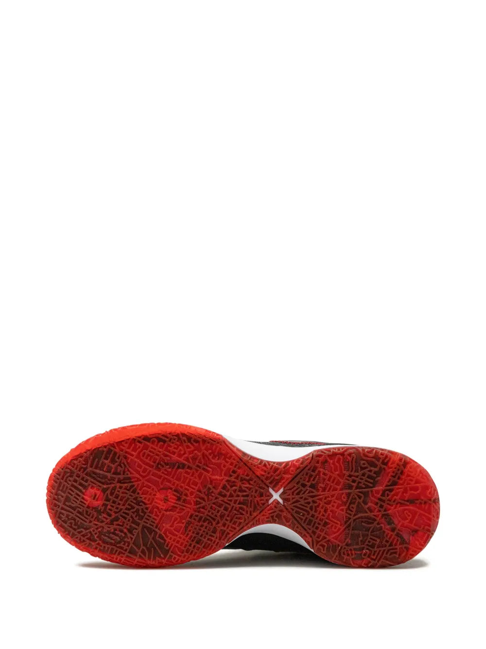Black rubber outsole with red traction pattern for basketball shoe