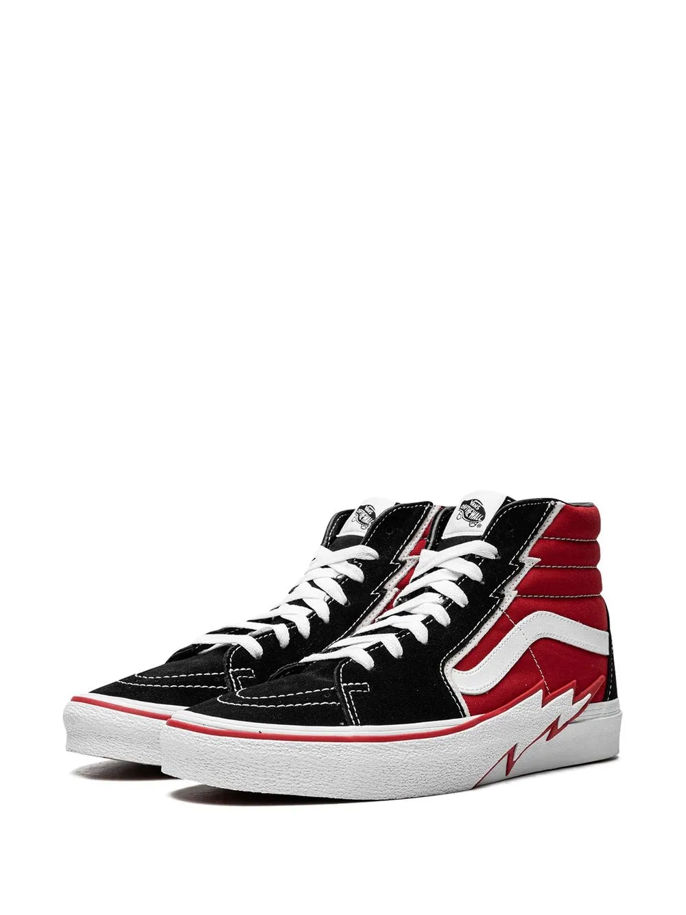 Black, red and white Vans high-top sneakers with lightning graphic and white lace-up