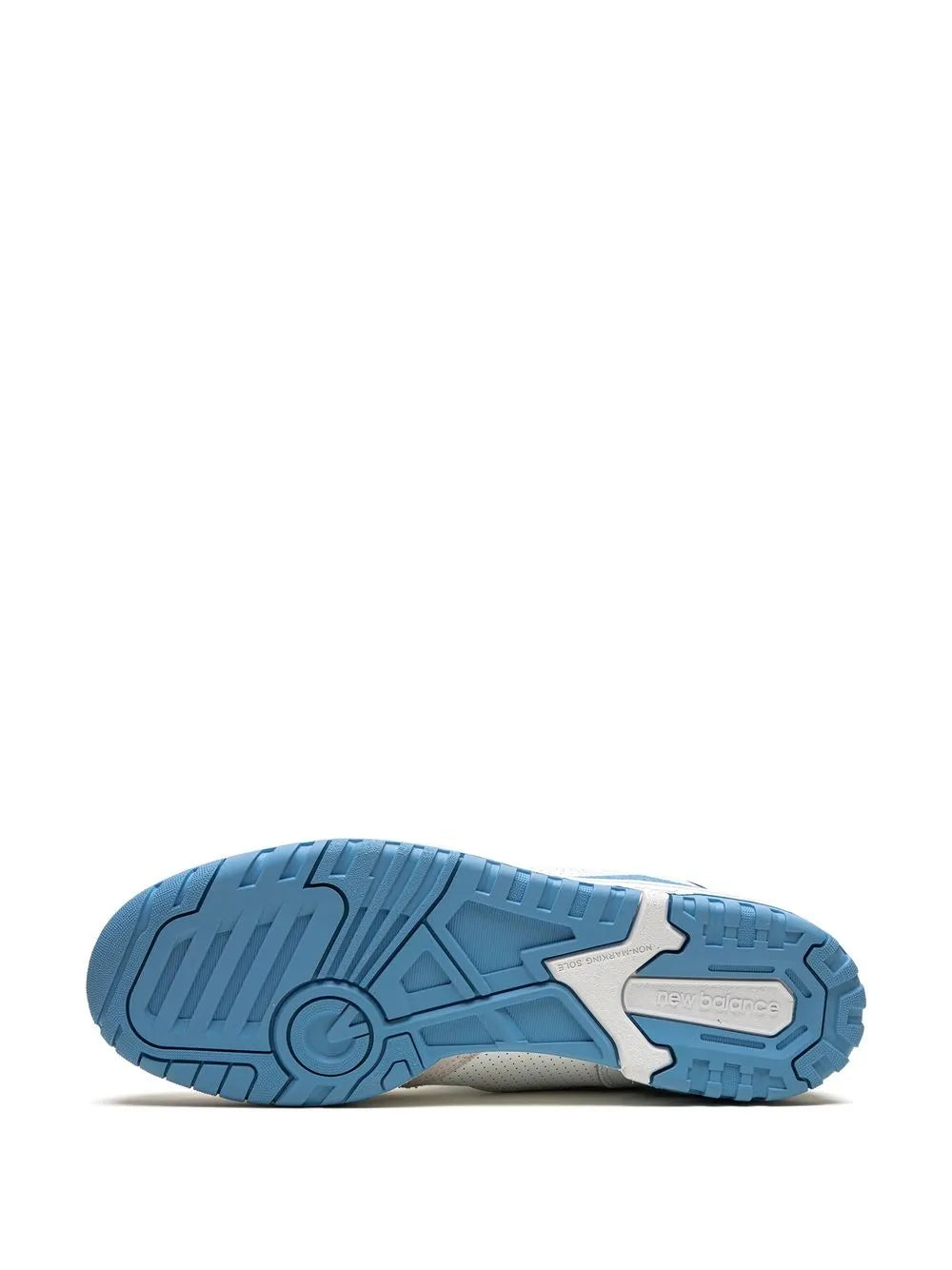 White and blue sneaker outsole view with textured tread and wheel-style logo