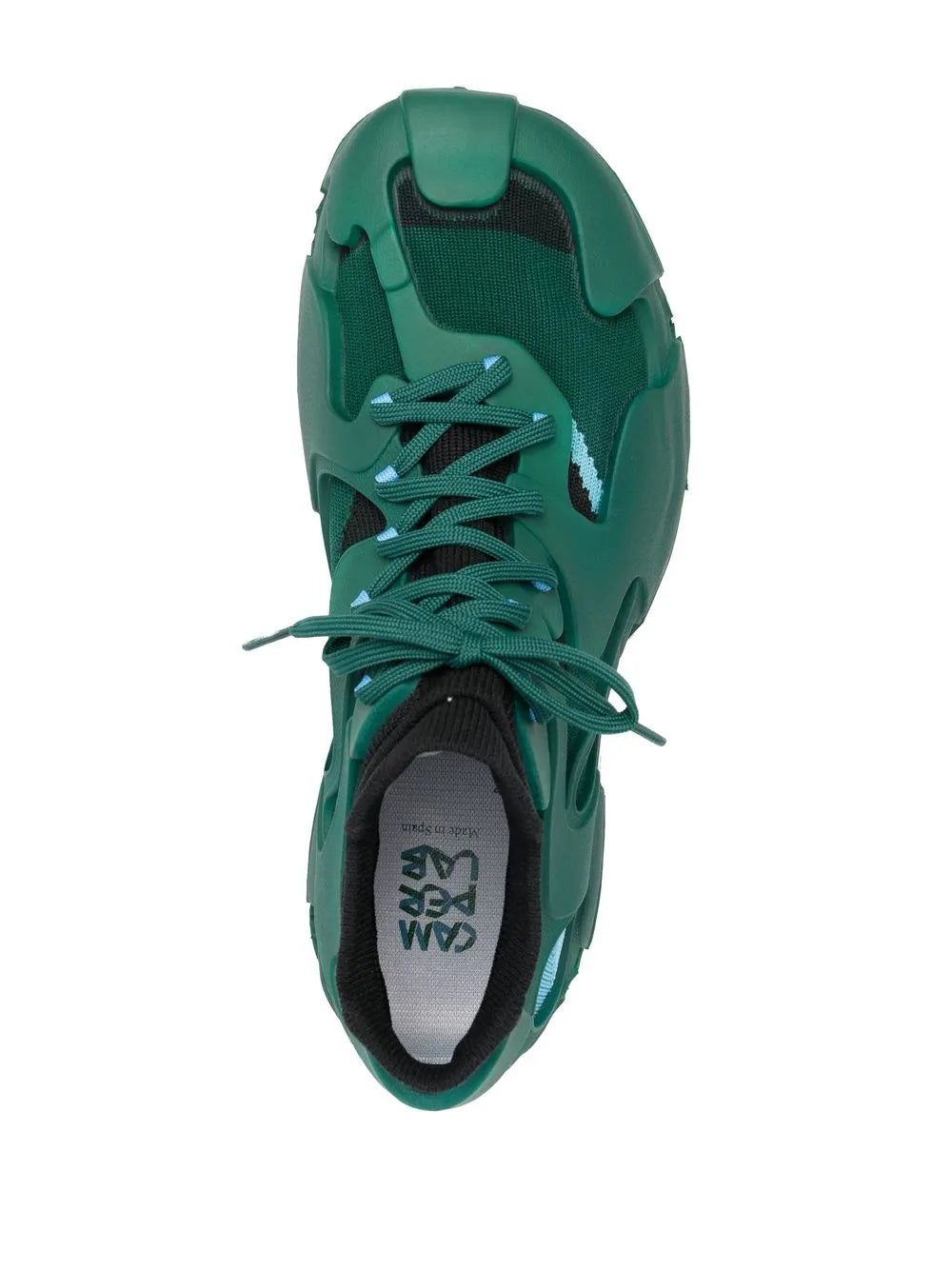 CamperLab dark-green lace-up sneaker with teal laces and breathable side mesh panels