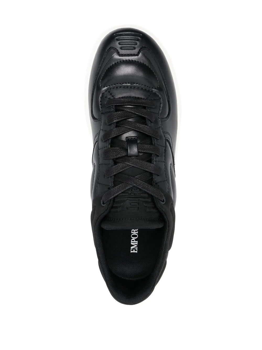 Black lace-up sneaker with black logo insole and white treaded sole