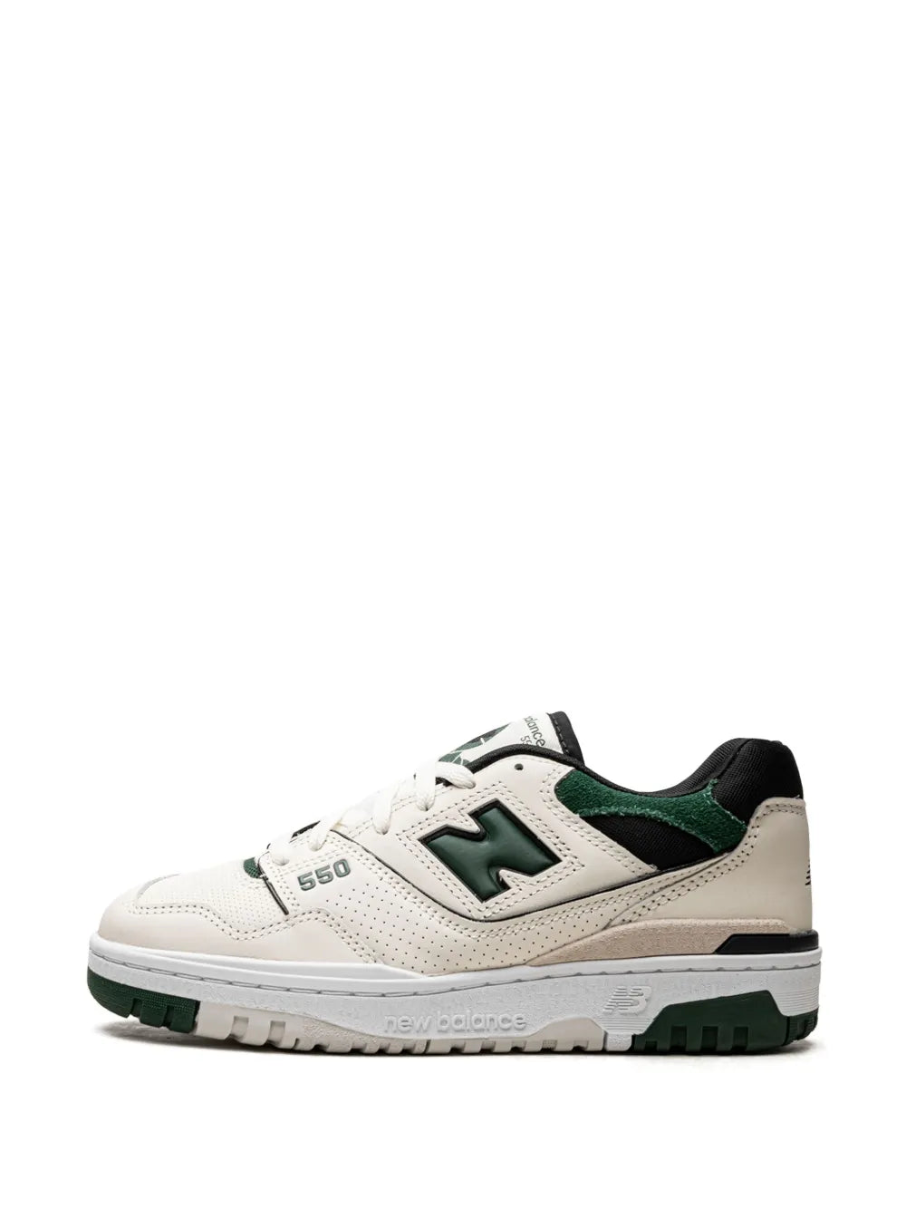Sea salt sneakers with pine green N logo, lace-up, and perforated toe panel