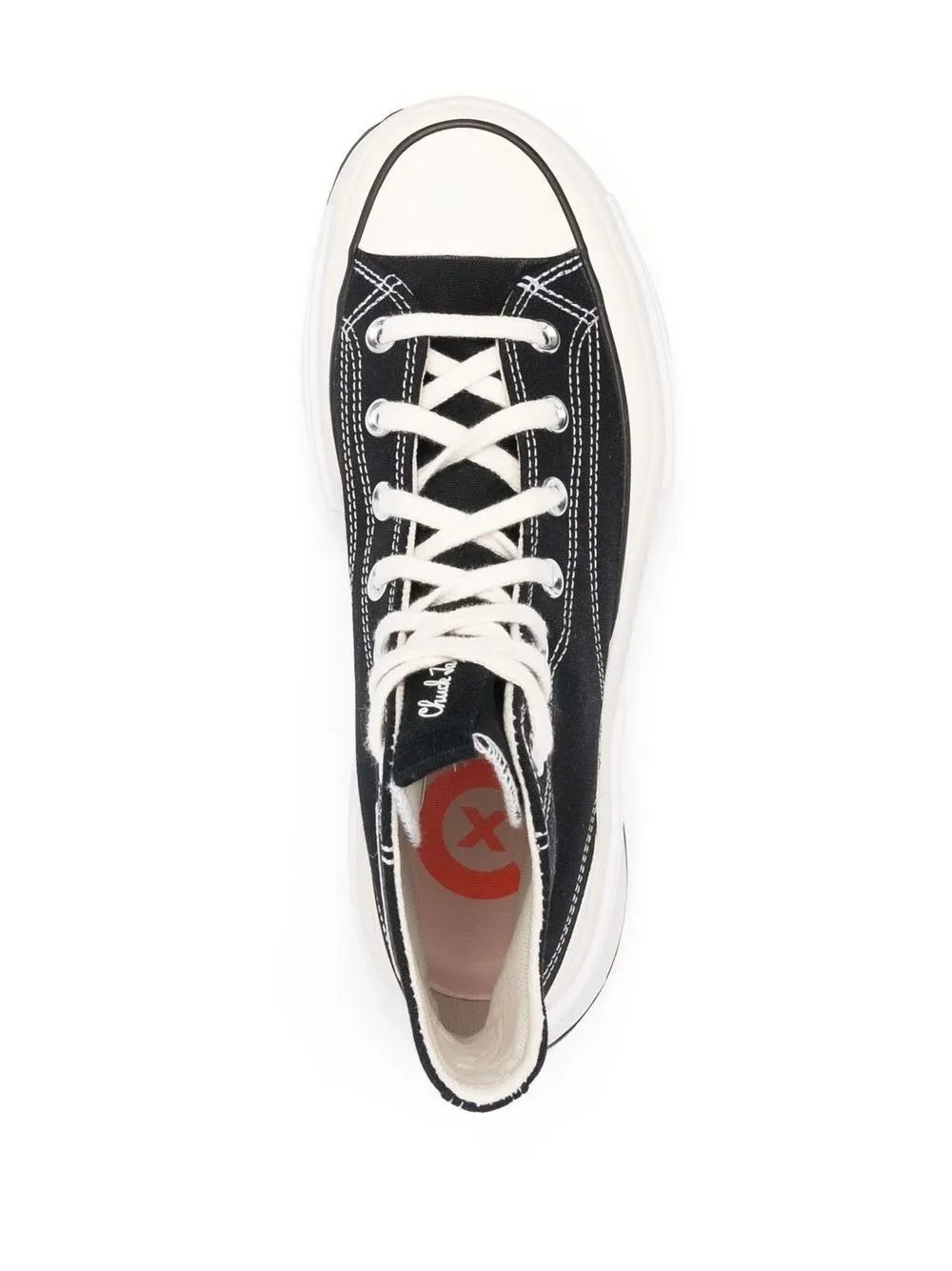 Black high-top sneaker with white laces, visible interior lining, and rubber toe cap