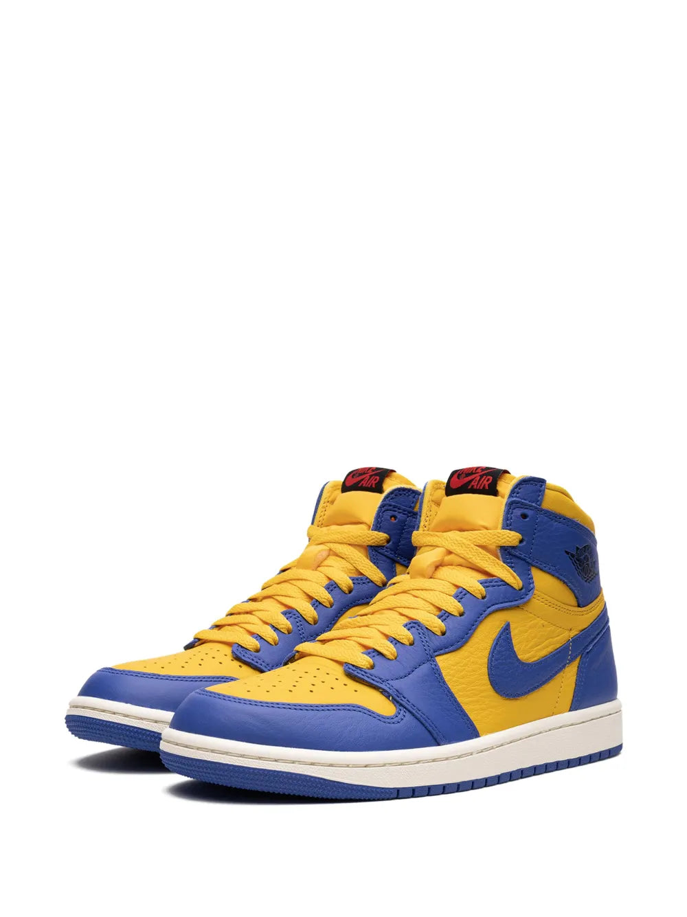Blue and yellow high-top sneakers with Nike swoosh, laces, and white rubber sole