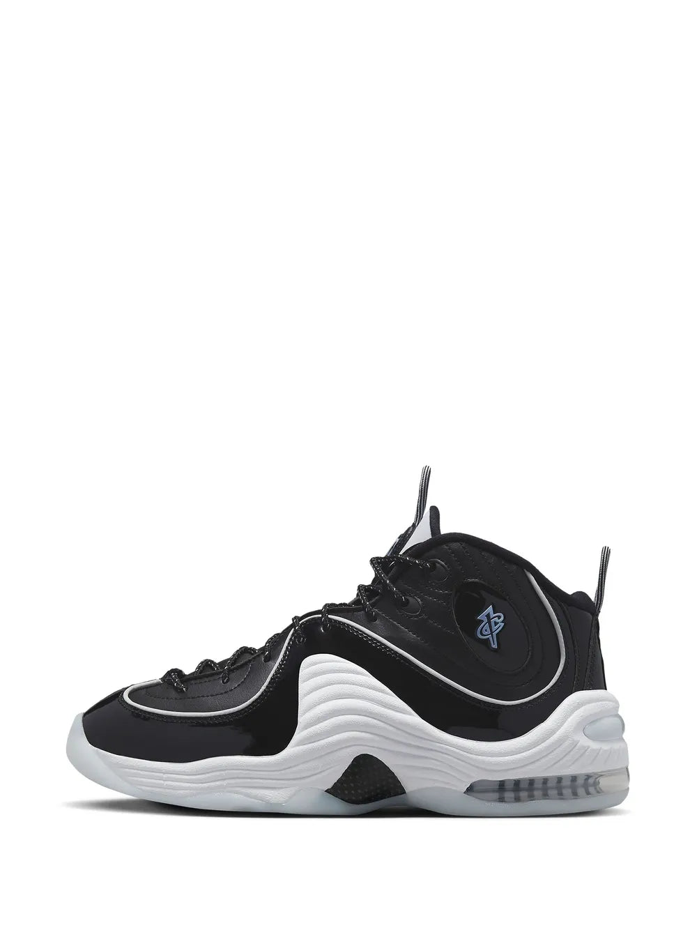 Nike basketball sneaker in black with white midsole cushioning and blue side emblem