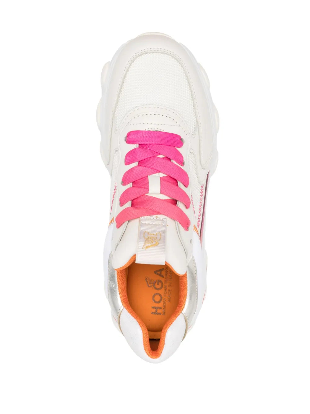 White low-top sneaker top view with hot pink laces and Hogan-branded orange interior