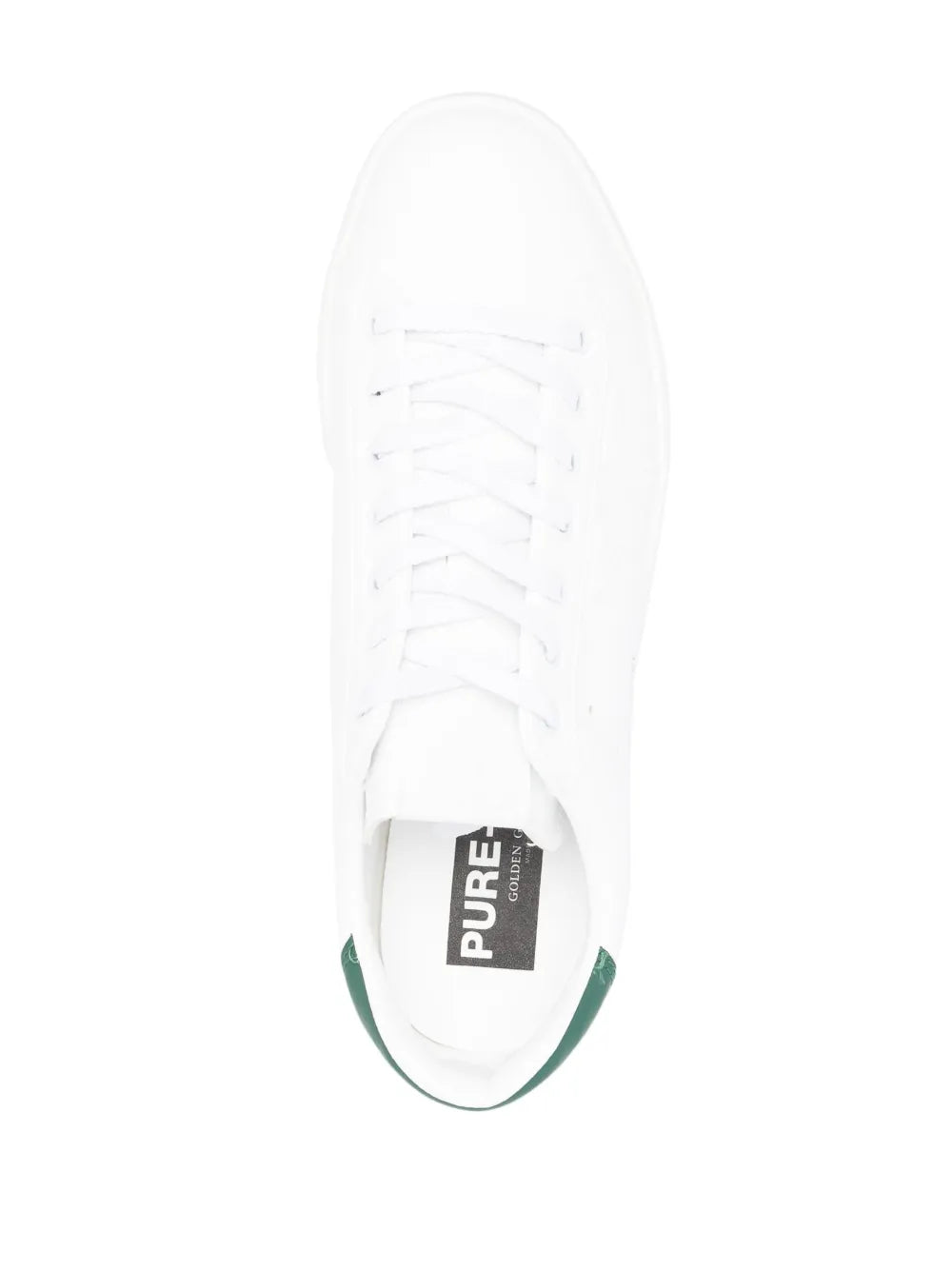 White low-top sneakers insole with 'PURE' text and dark green heel trim.