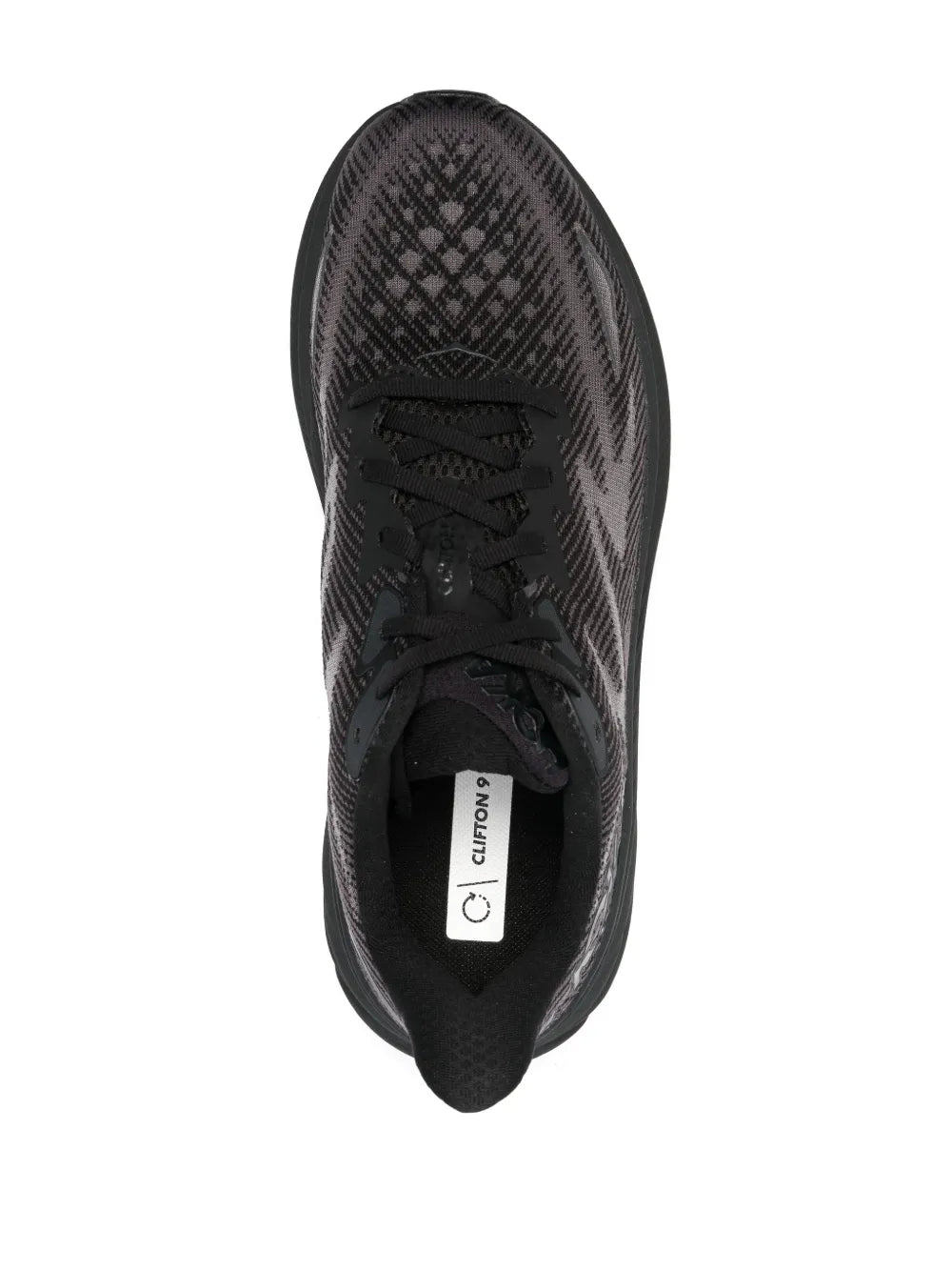 Black mesh lace-up running shoe heel view with tongue and size label