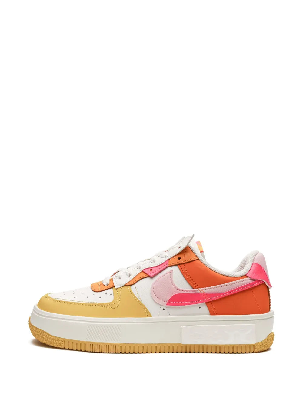Front view low-top sneaker with white laces, orange side panel, pink swoosh, yellow trim
