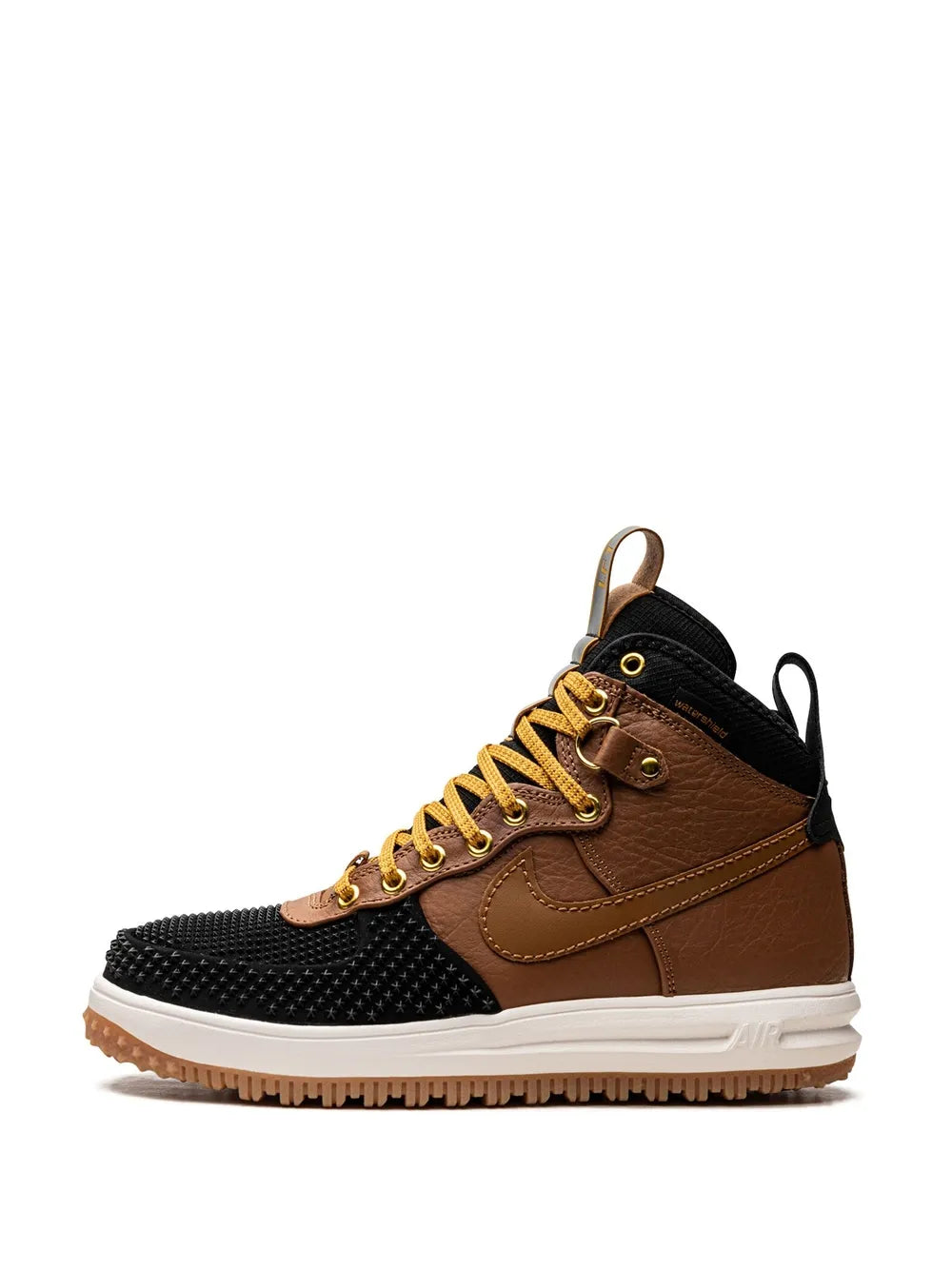 Nike Duckboot front view with brown leather, black mesh, and yellow lace-up