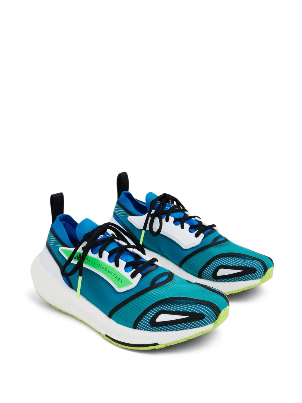 Pair of blue adidas low-top running sneakers with black laces, white midsole, lime outsole