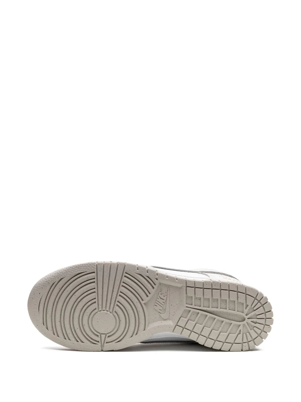 Nike Dunk Low outsole view, gray rubber traction with striped midsole