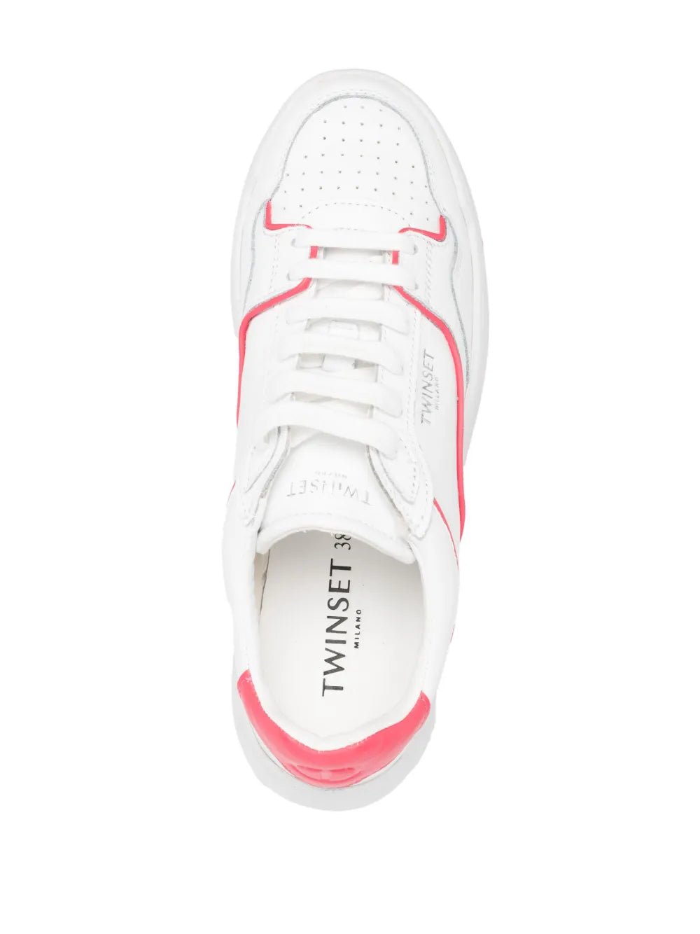 White low-top leather sneaker with lace-up front and red piping