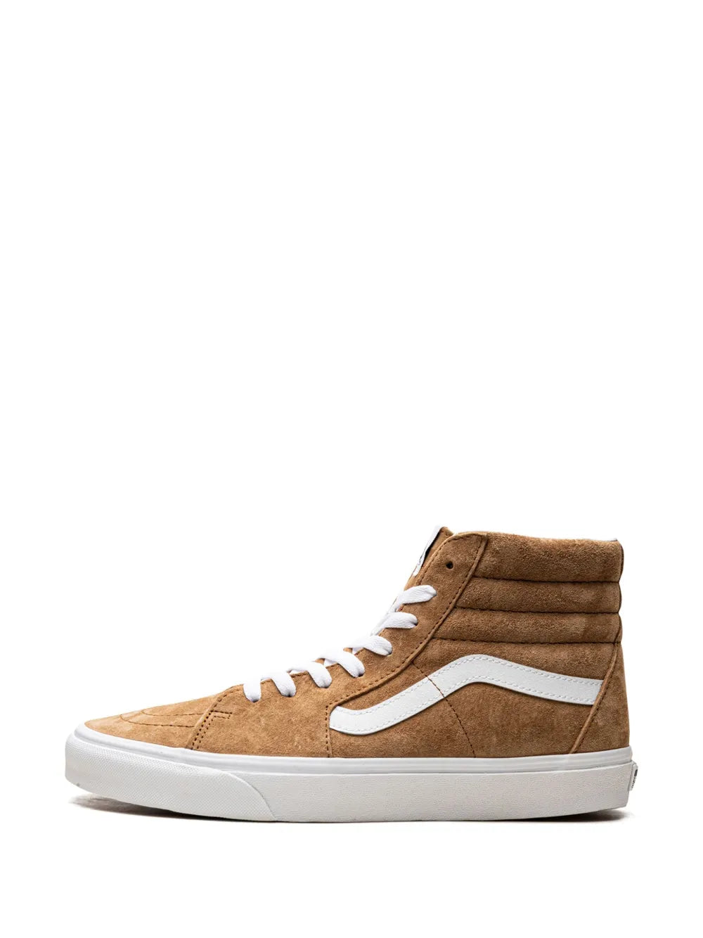 Tobacco brown suede high-top sneaker with white laces and side stripe