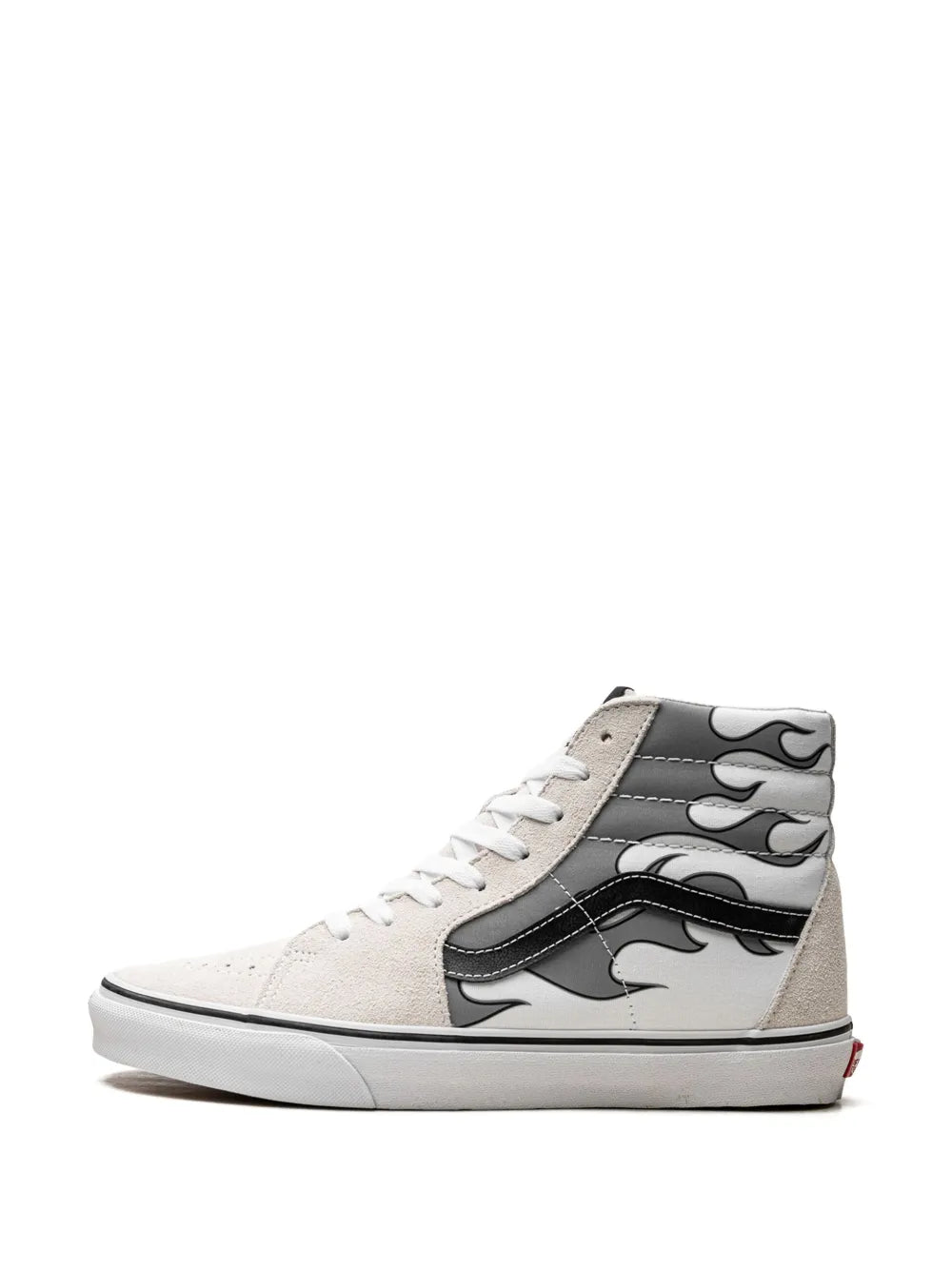High-top sneakers with black flame graphic on beige upper, white laces, white rubber sole
